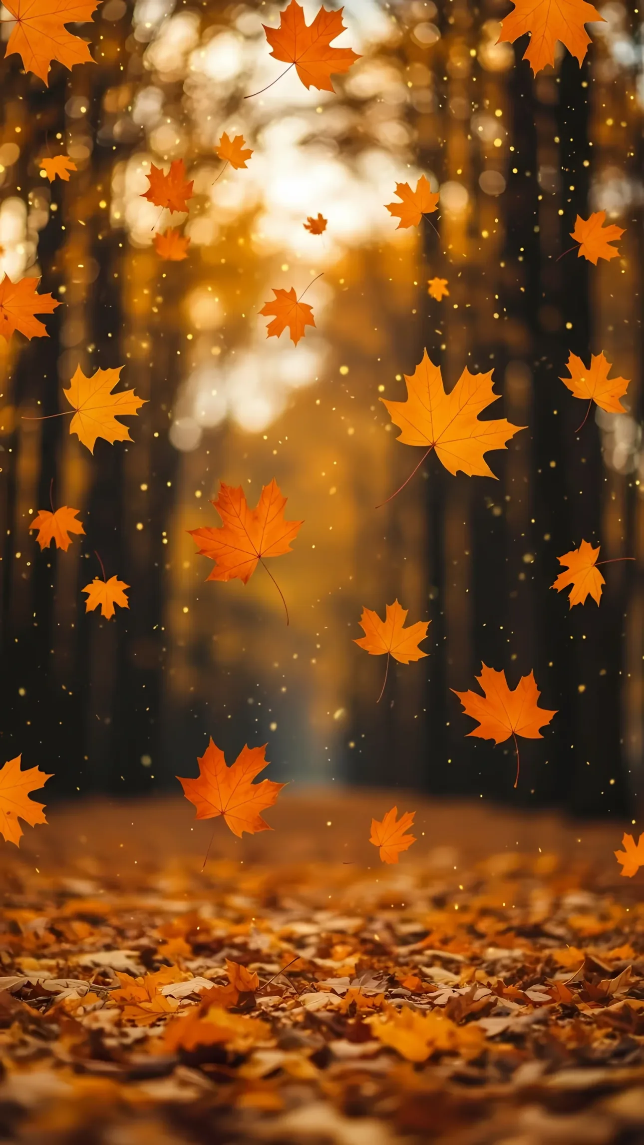 Enhance your designs with this vibrant autumn scene featuring falling maple leaves and bokeh lights. Perfect for seasonal promotions and warm, inviting visuals.
