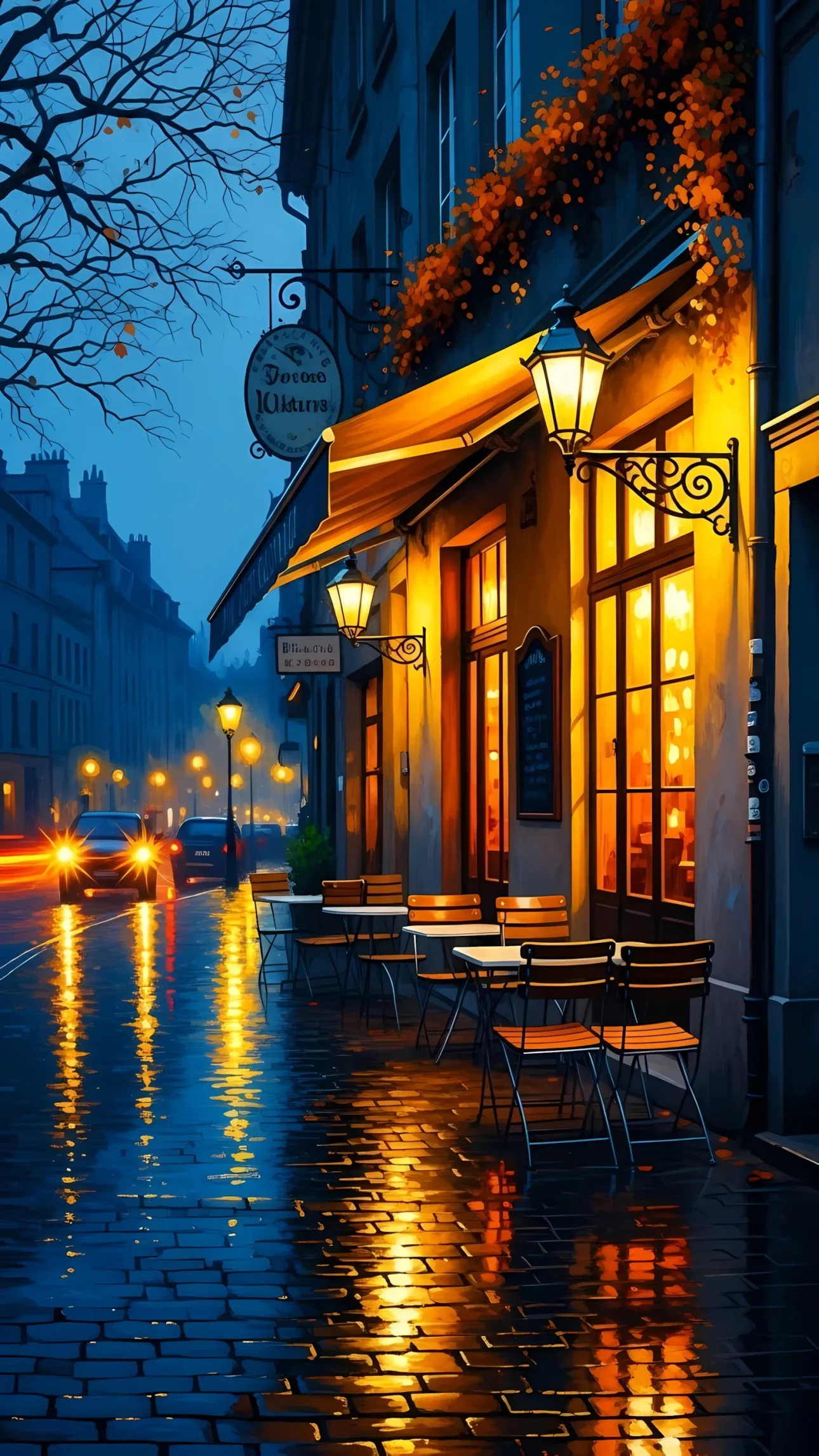 Elevate your designs with this atmospheric cafe scene featuring rain-slicked streets and inviting warm lights. Perfect for adding European charm to your project.