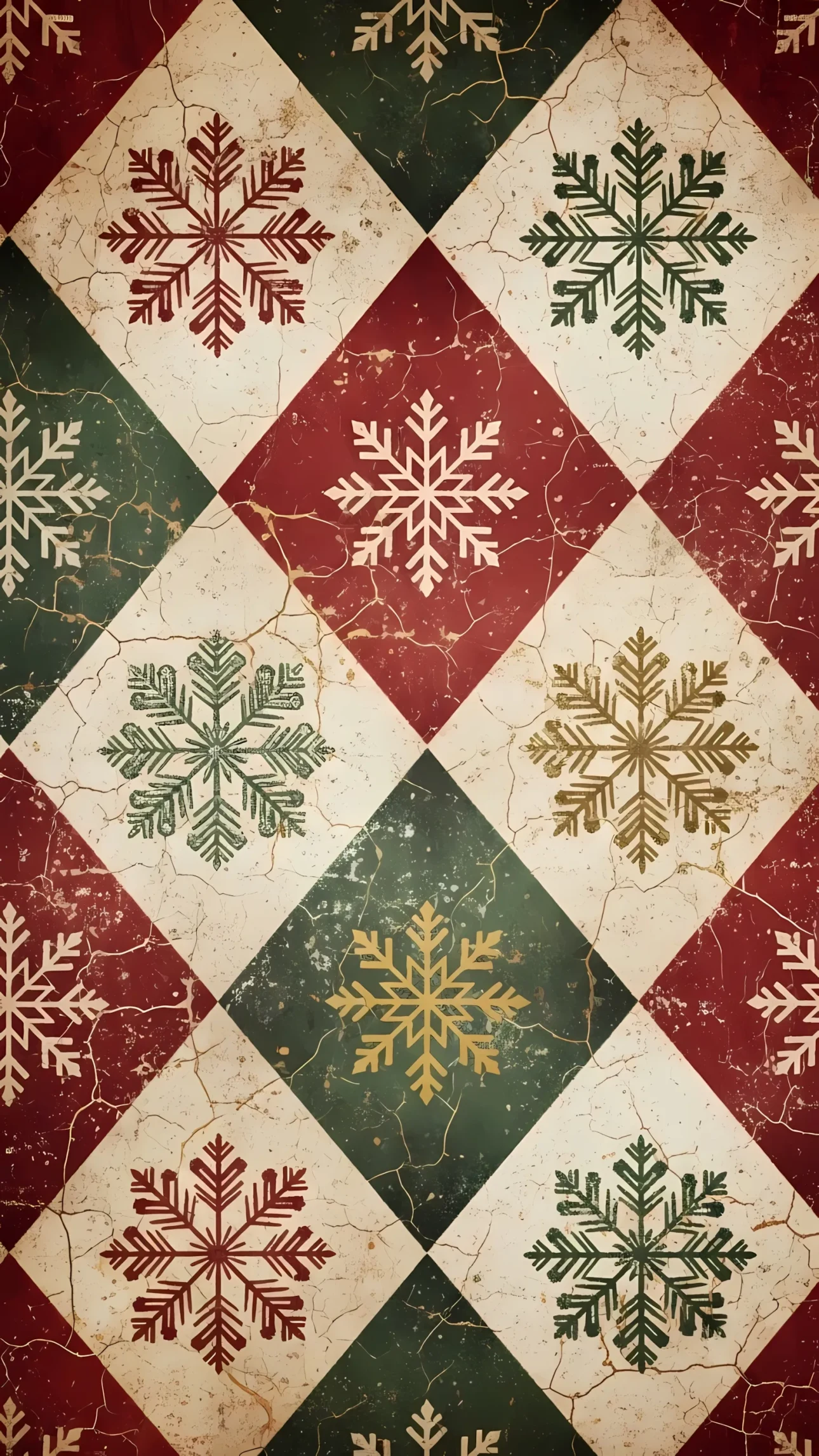 Elevate your holiday designs with this distressed snowflake pattern featuring festive colors. Perfect for creating a vintage Christmas aesthetic and unique digital projects.
