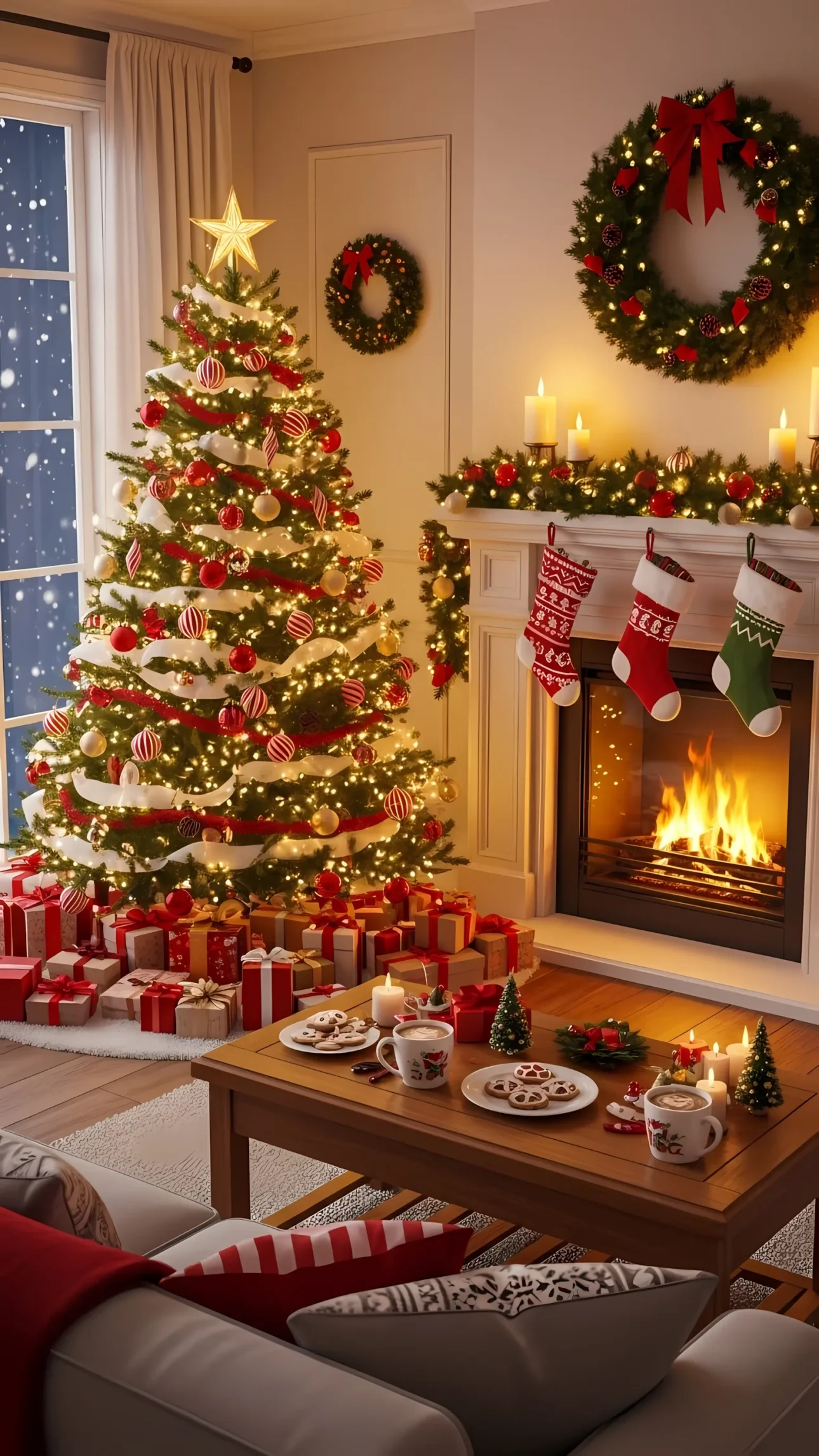 Elevate your seasonal designs with this cozy Christmas scene, featuring a decorated tree and warm fireplace. Perfect for holiday-themed projects and festive campaigns.