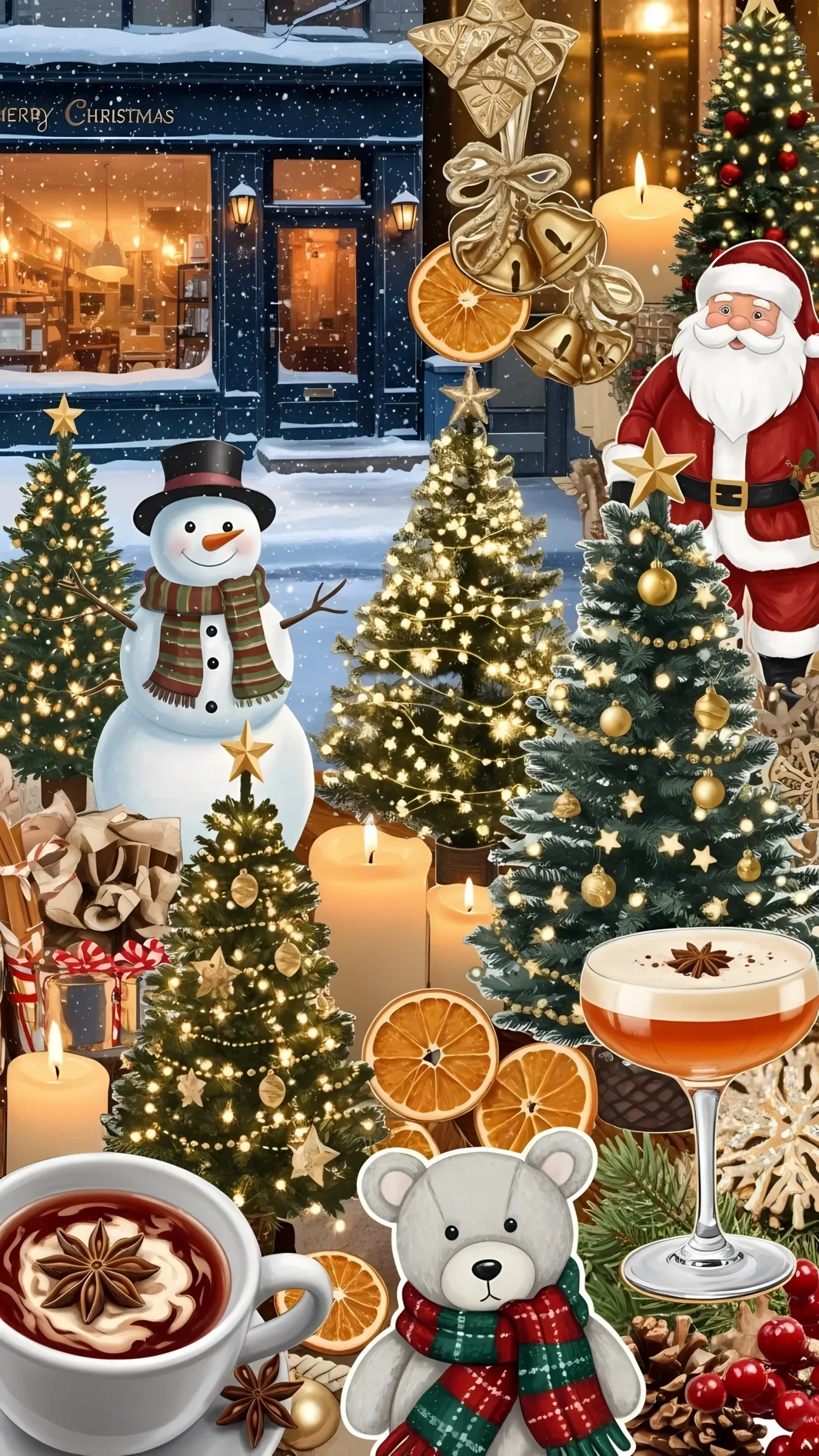 Elevate your designs with this festive Christmas still life, showcasing a snowman, Santa, and decorated trees. Perfect for holiday-themed projects and seasonal campaigns.