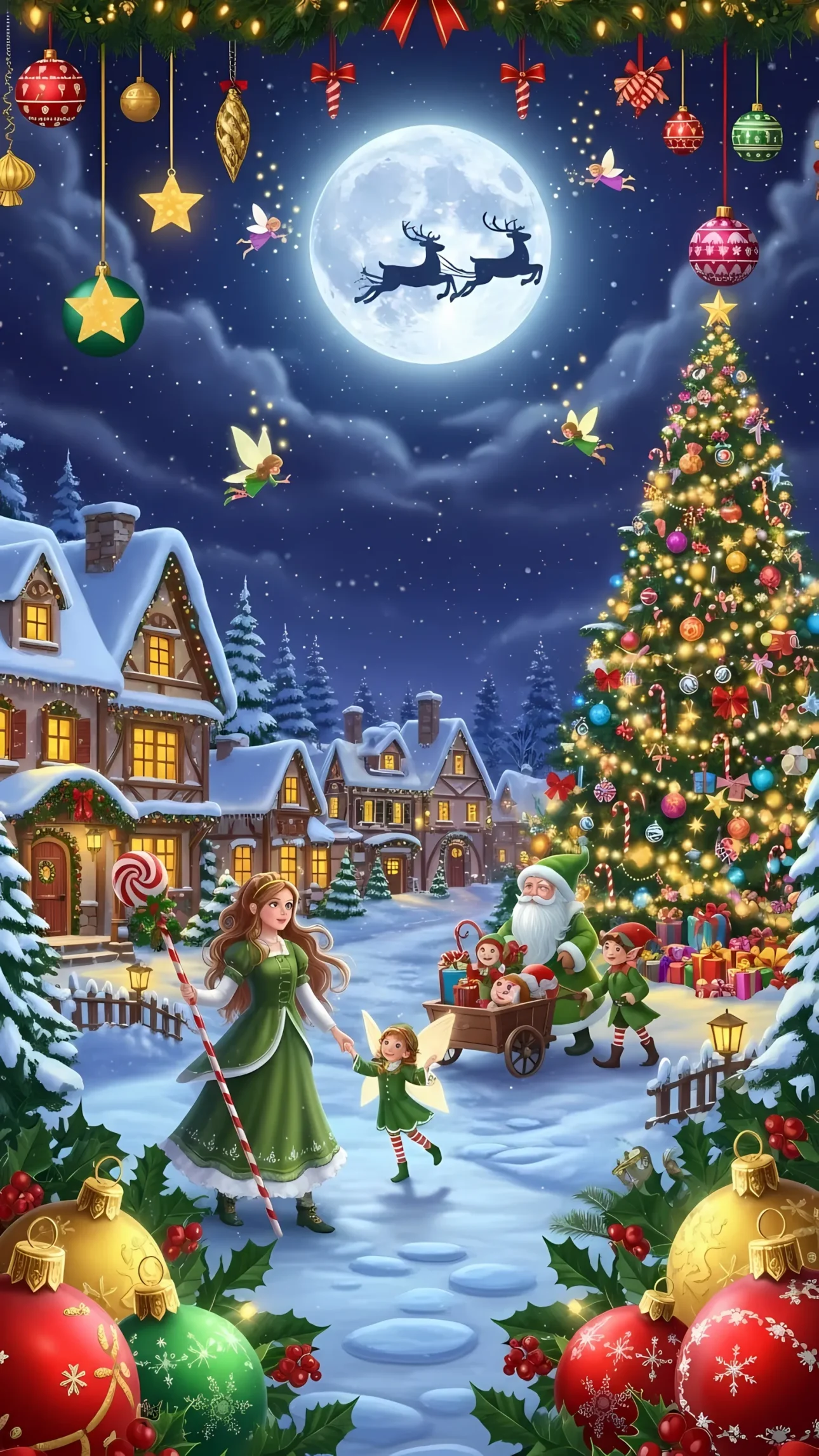 Elevate your holiday designs with this whimsical Christmas illustration featuring Santa, elves, and fairies. Perfect for festive greeting cards and seasonal promotions.