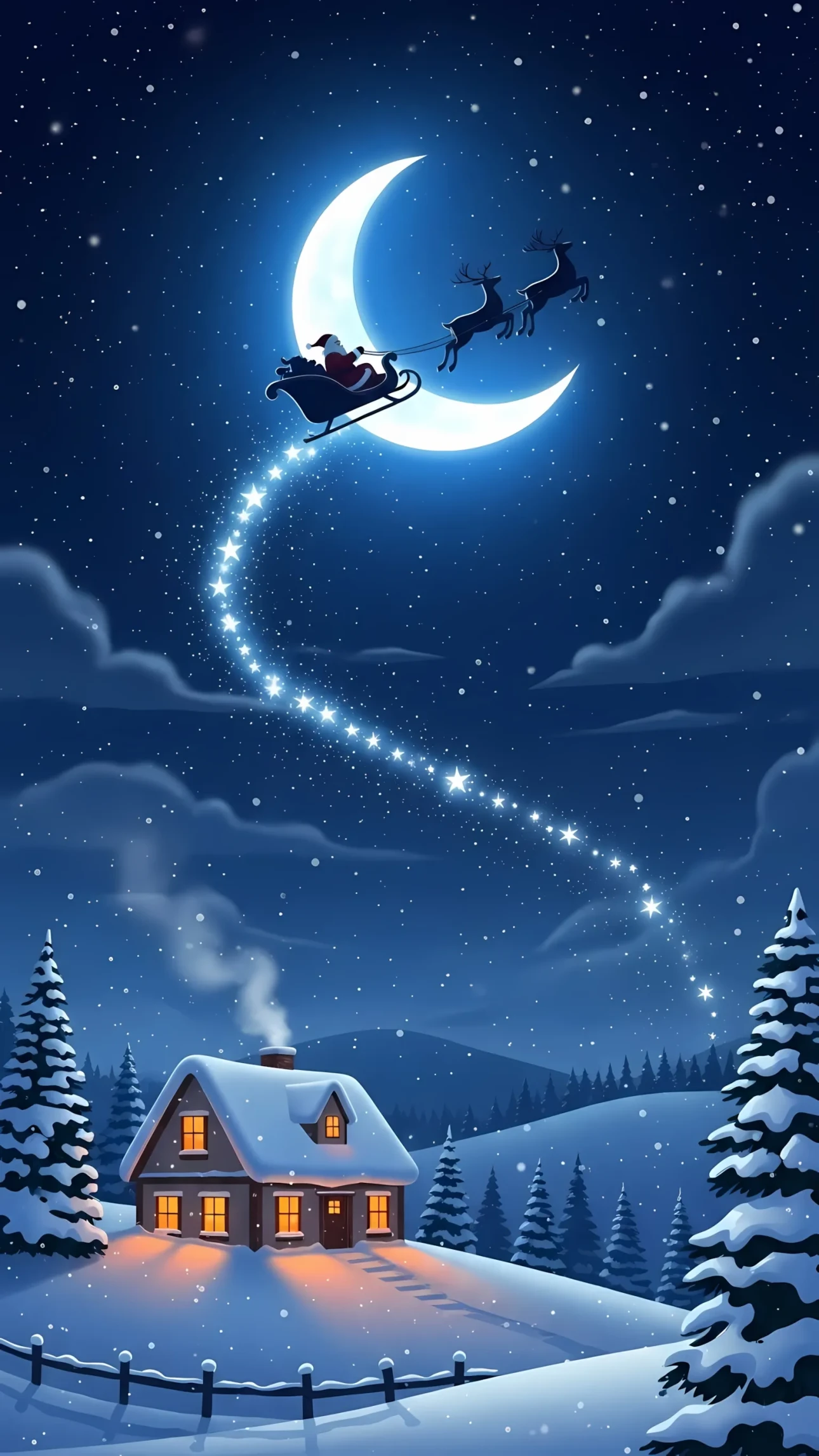 Capture the magic with this enchanting Christmas scene featuring Santa and his reindeer over a cozy, snow-covered cottage. Ideal for holiday cards and seasonal designs.