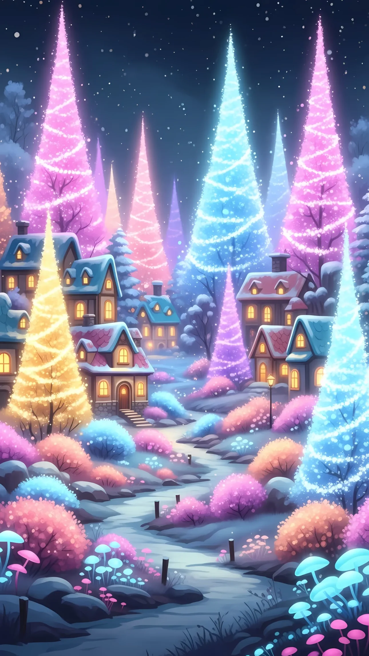 Enhance your holiday designs with this charming Christmas village illustration featuring glowing trees. Perfect for festive greeting cards and winter-themed projects.