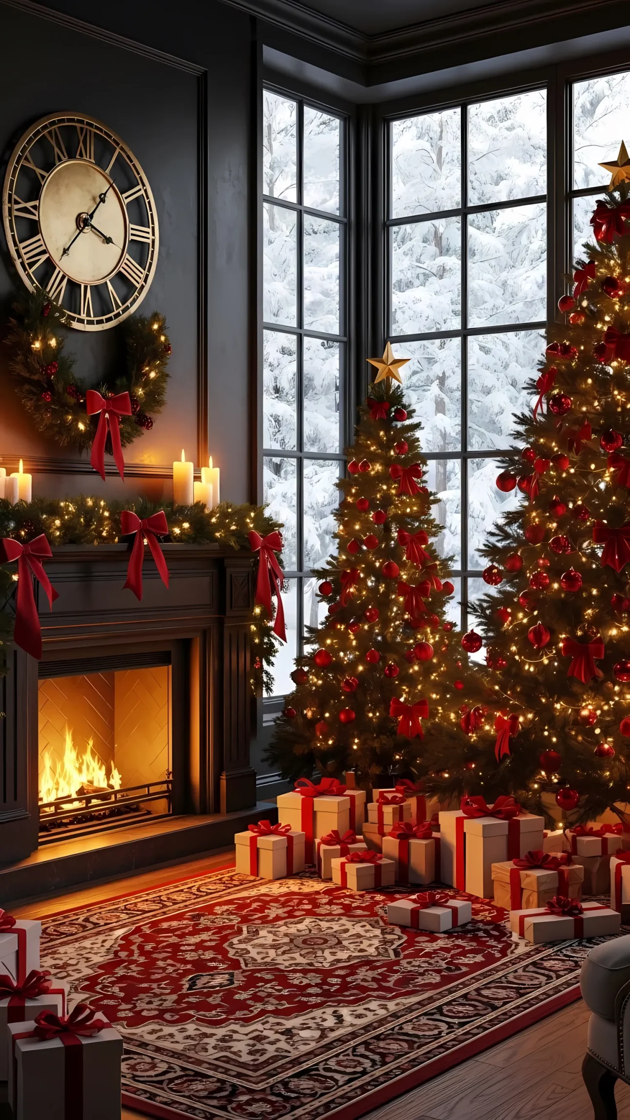 Elevate your holiday designs with this cozy Christmas interior featuring a warm fireplace and decorated trees. Perfect for seasonal marketing materials.