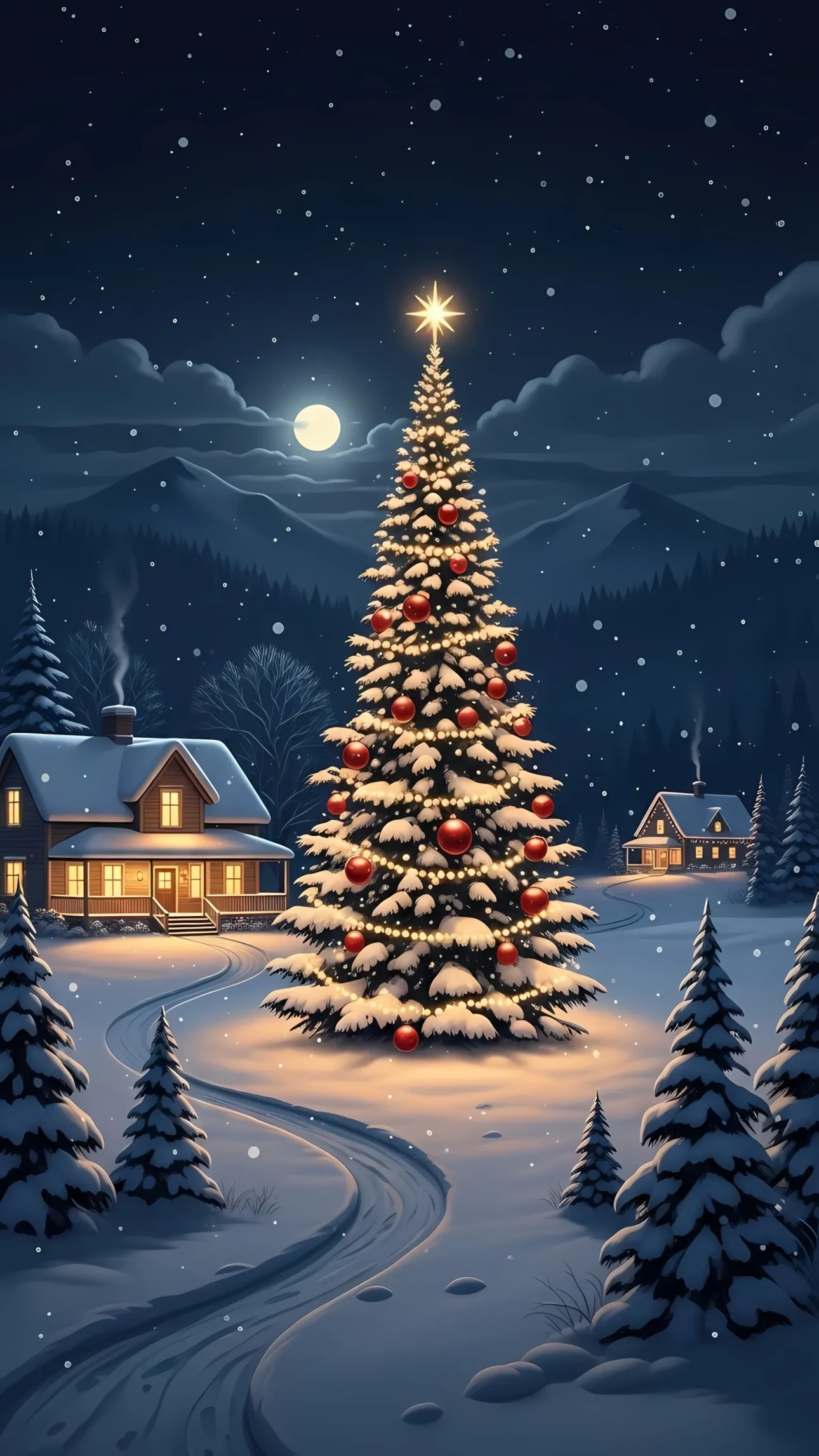 Elevate your holiday designs with this stunning winter landscape featuring a decorated Christmas tree. Perfect for creating heartwarming seasonal content ready for commercial use.