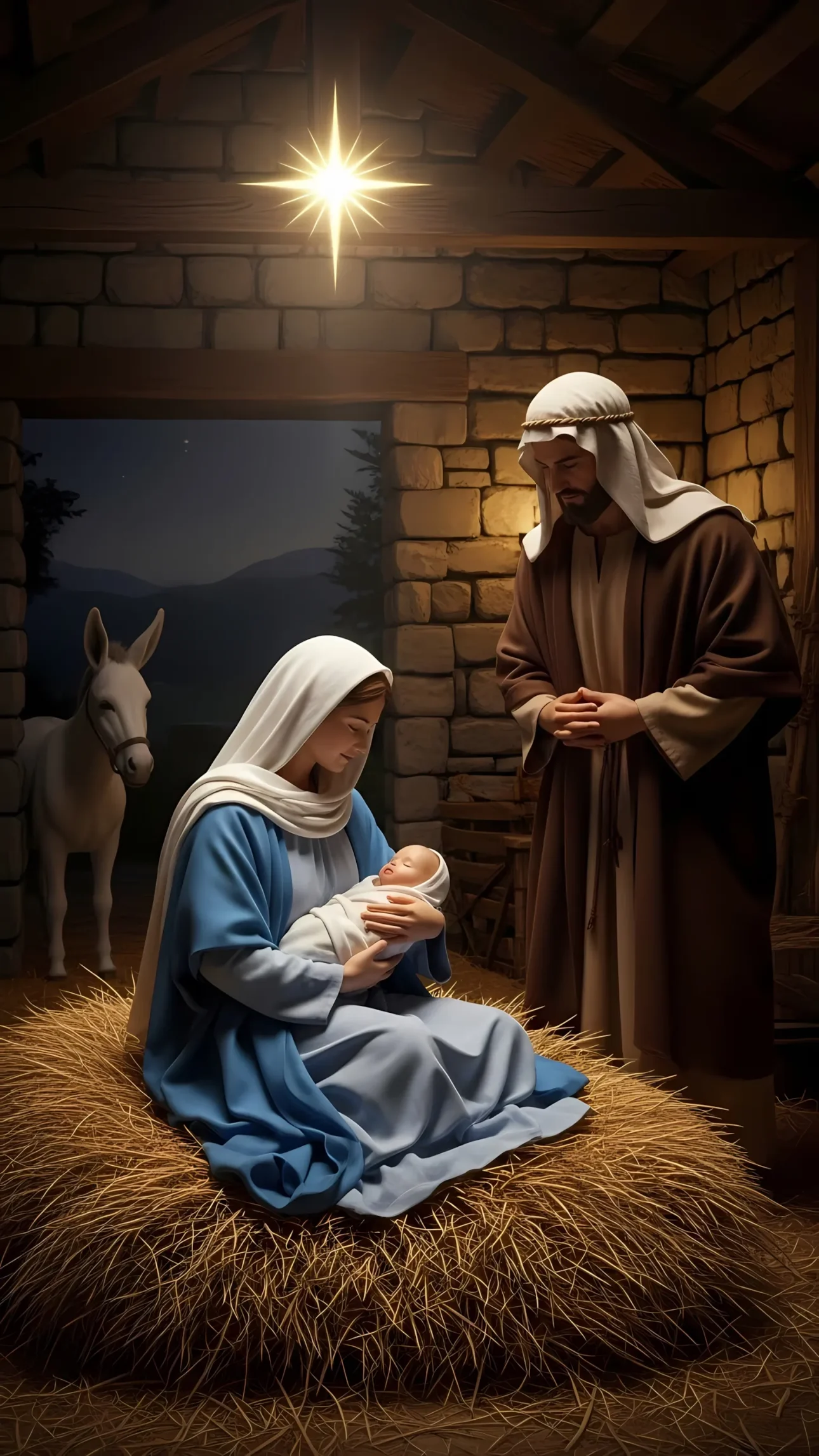 Evoke the spirit of Christmas with this tender Nativity scene illustration. Ideal for holiday cards, church programs, and seasonal designs. Ready for commercial use.