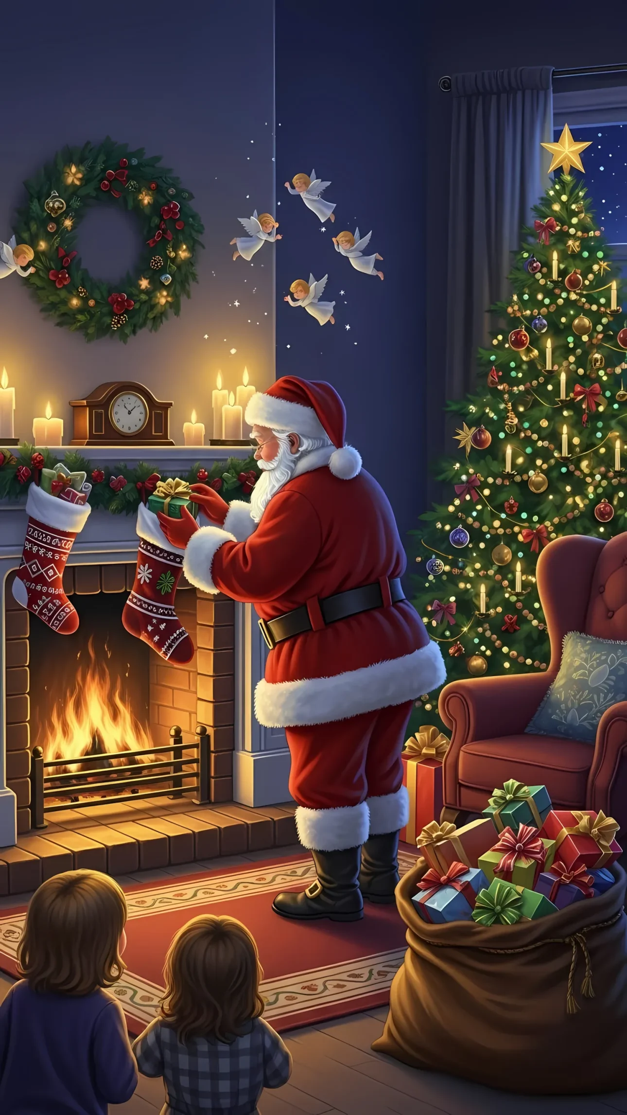 Experience the magic of Christmas with this festive scene featuring Santa Claus and children. Perfect for holiday cards and seasonal designs.