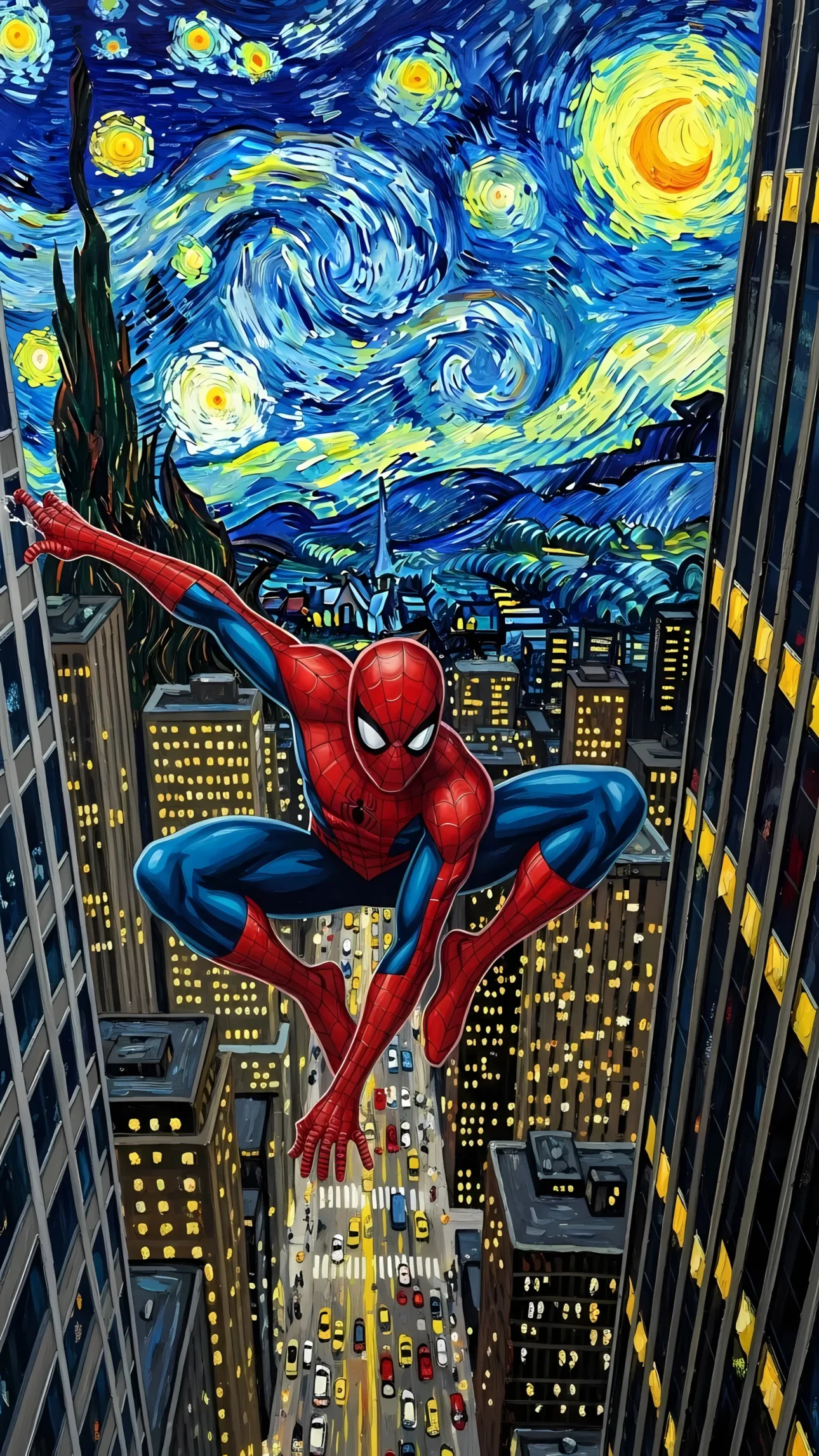 Elevate your project with this unique Spiderman illustration, styled after Van Gogh's 'Starry Night'. Perfect for eye-catching designs and instant commercial use.