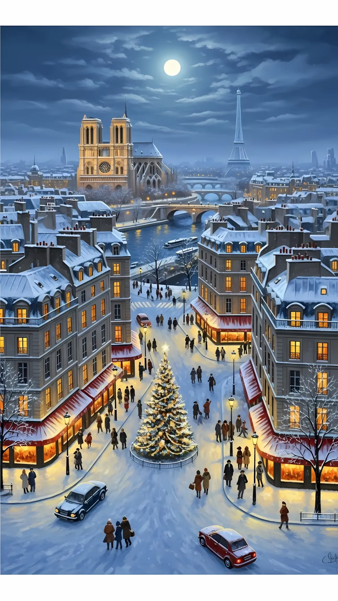 Enhance your designs with this charming Parisian winter scene, featuring iconic landmarks and a festive Christmas tree. Perfect for holiday-themed projects.