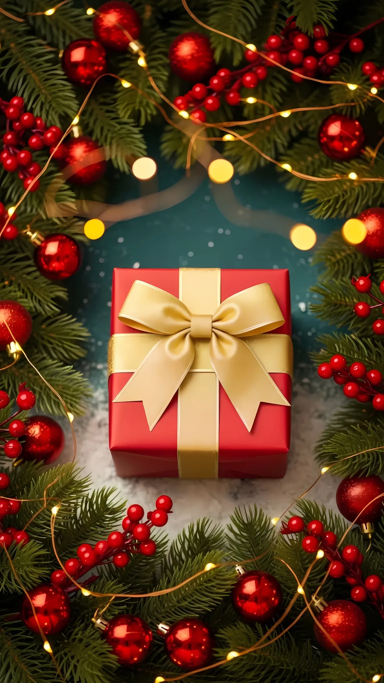 Elevate your holiday designs with this vibrant Christmas gift illustration featuring classic ornaments and warm fairy lights. Perfect for seasonal marketing campaigns.