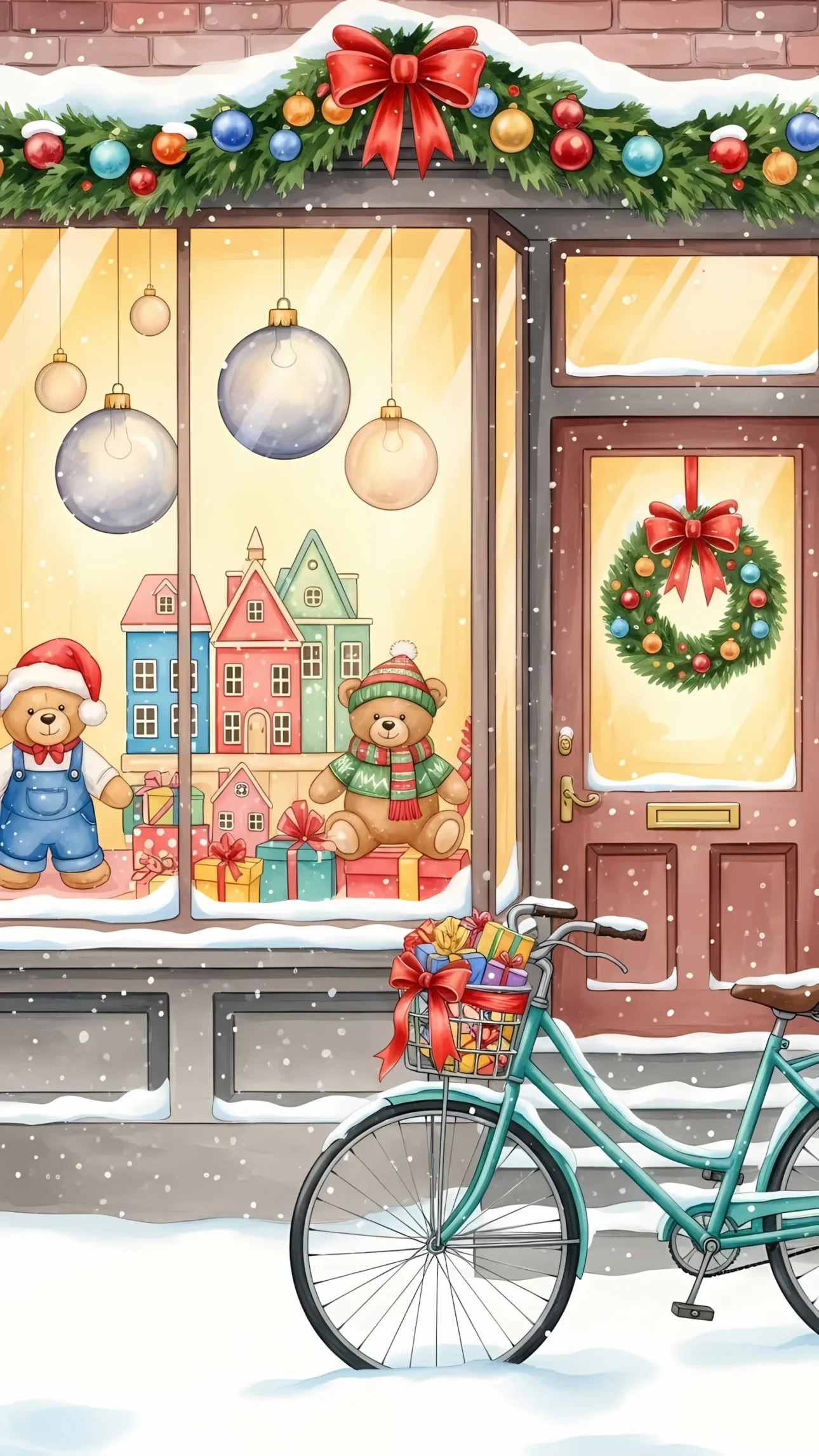 Elevate your designs with this charming Christmas shop illustration featuring teddy bears and a bicycle. Perfect for holiday-themed projects and heartwarming designs.