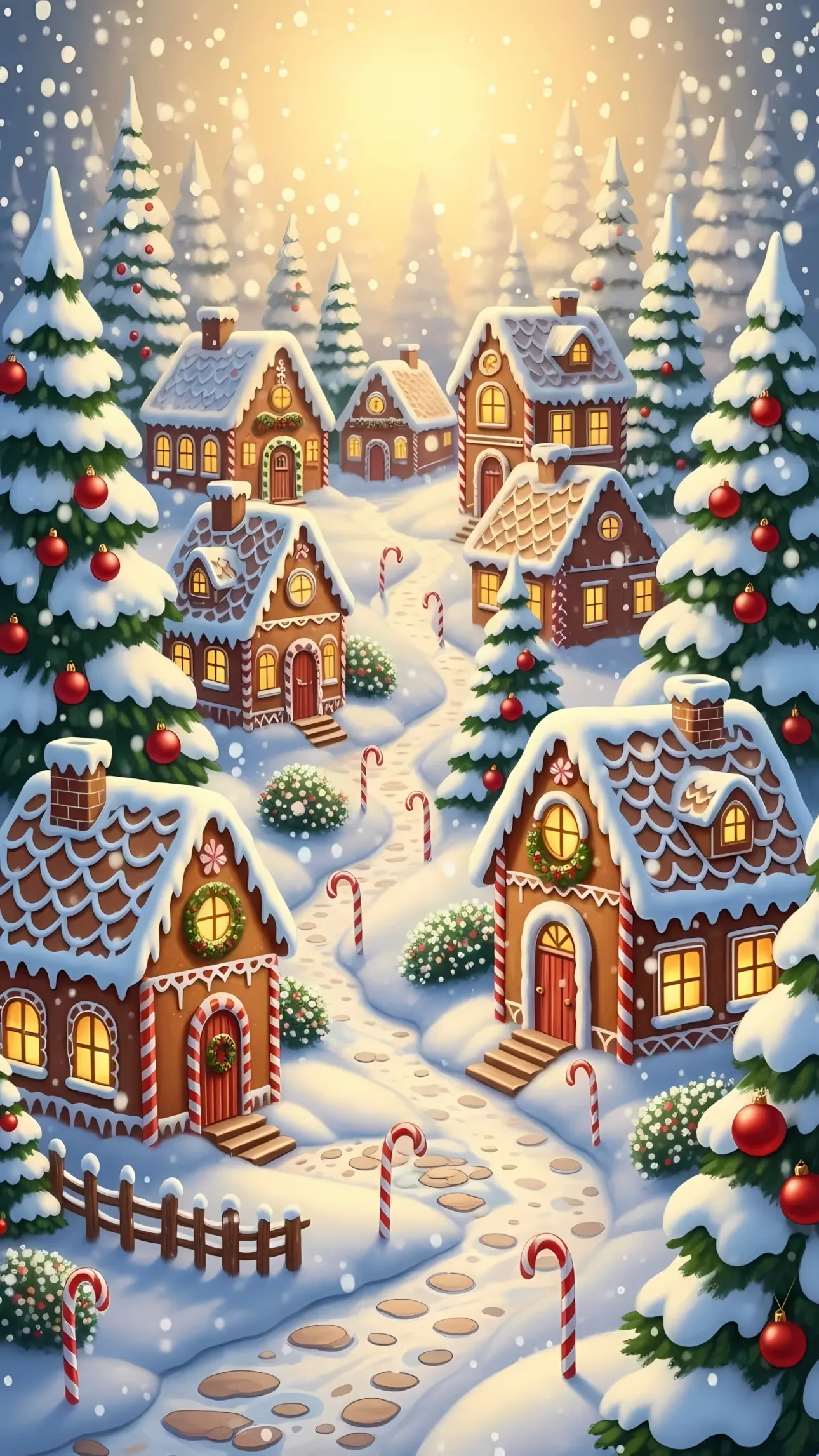Enhance your holiday designs with this charming gingerbread village illustration, featuring snow-covered houses and festive candy canes. Perfect for seasonal greeting cards.