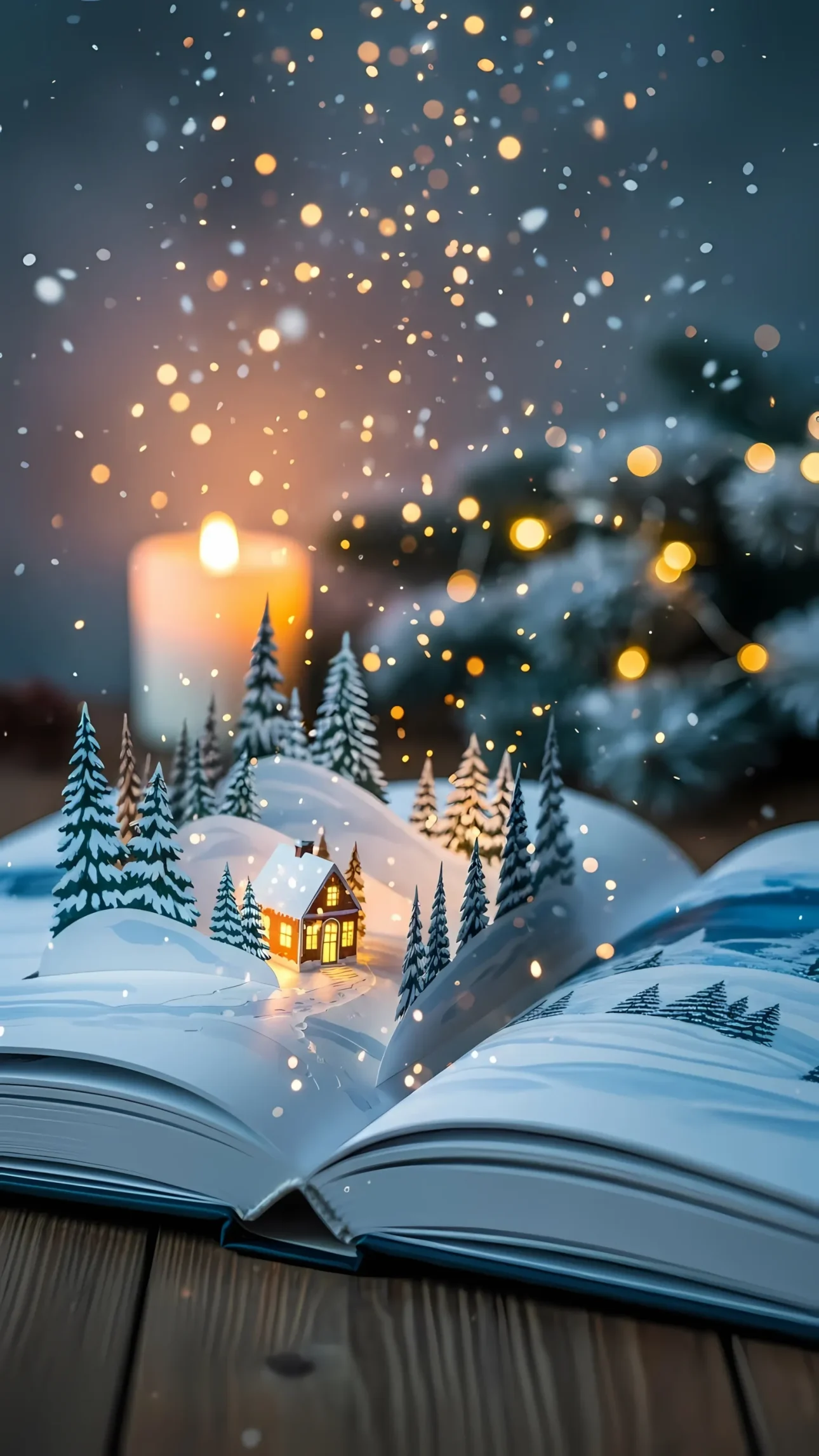 Enhance your designs with this charming winter village illustration inside an open book, featuring warm candlelight and falling snow. Perfect for holiday-themed projects.