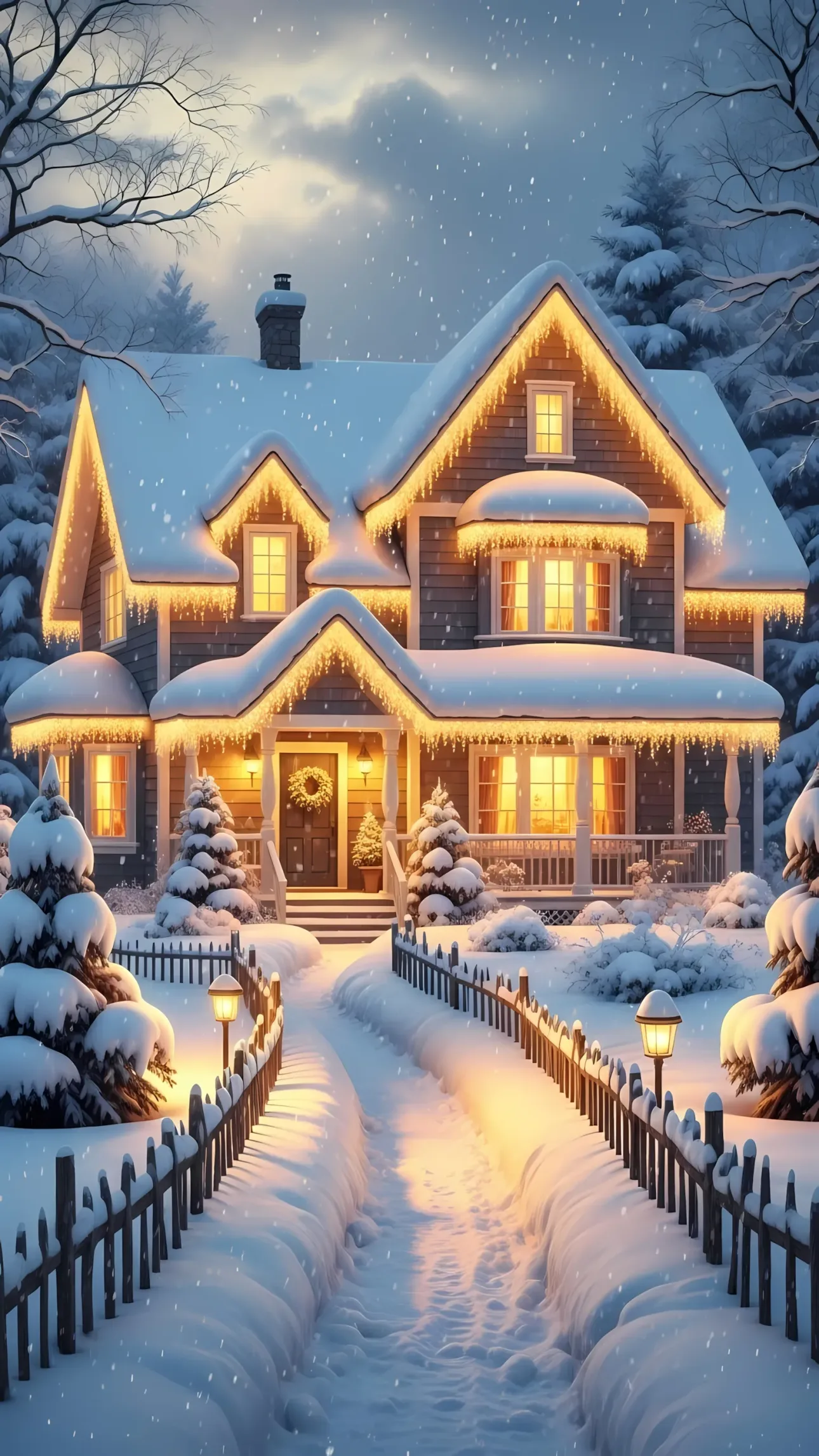 Enhance your holiday designs with this charming house illustration featuring snow and festive lights. Perfect for seasonal greeting cards and winter promotions.