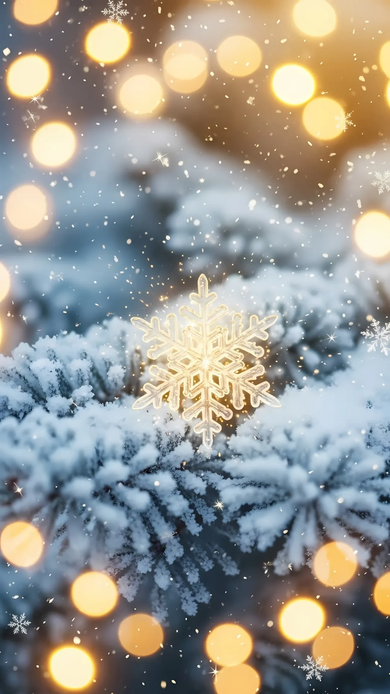 Elevate your designs with this festive snowflake on a frosted pine branch, enhanced by warm bokeh lights. Perfect for elegant holiday-themed projects.