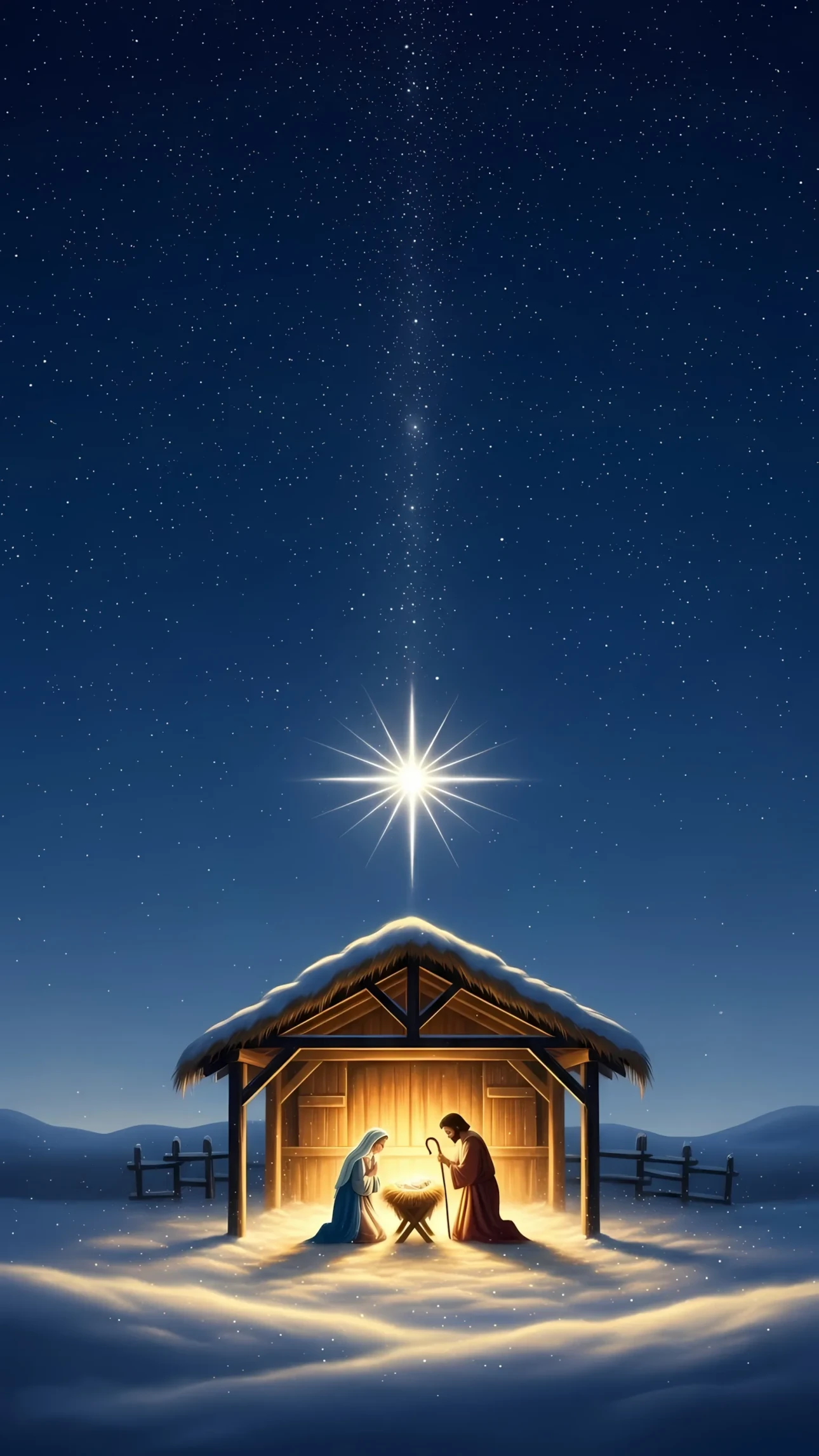 Evoke the spirit of Christmas with this nativity scene featuring the Holy Family. Perfect for holiday cards and seasonal designs, ready for commercial projects.