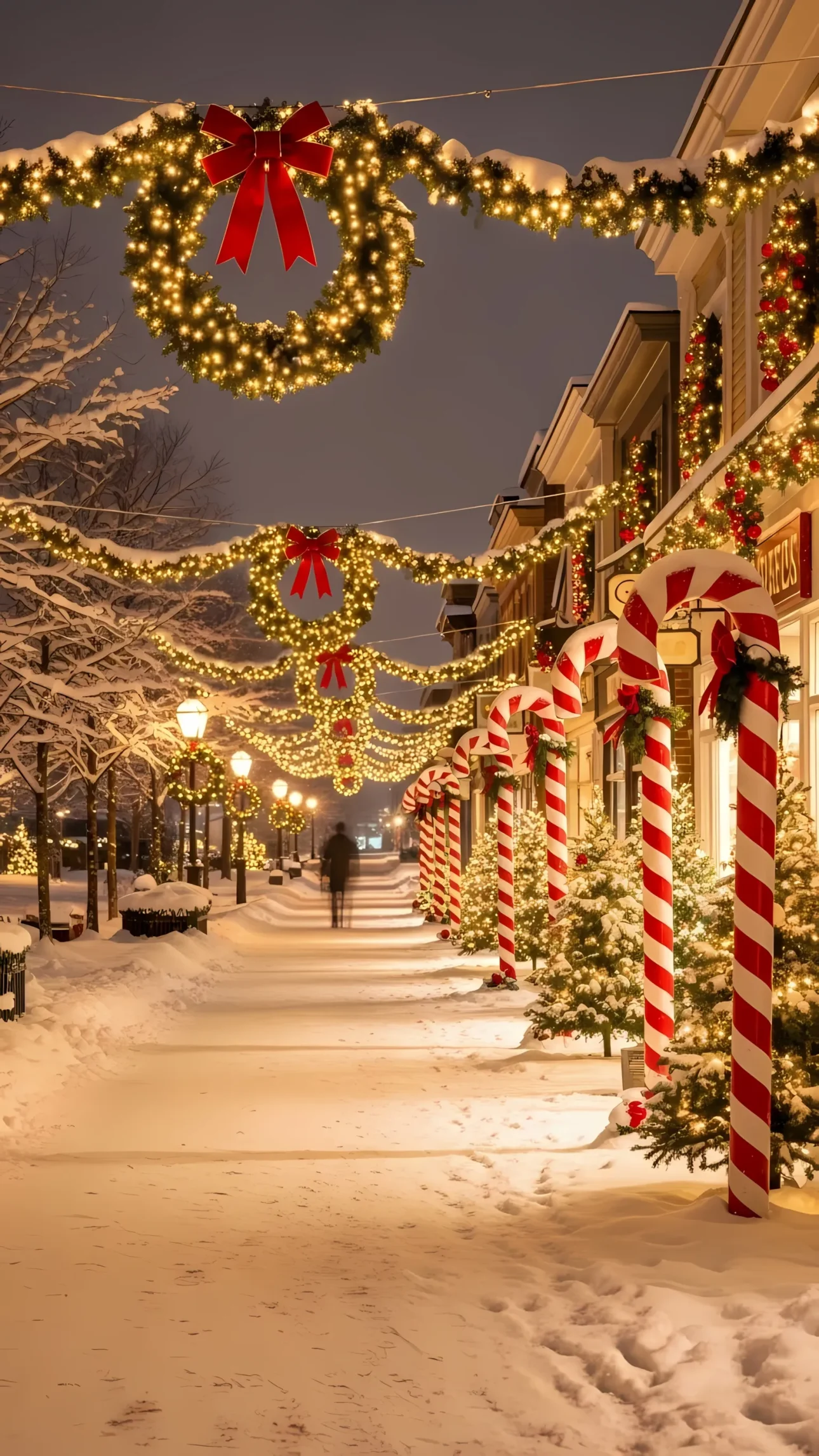 Elevate your holiday designs with this charming winter street scene, featuring festive decorations and a magical atmosphere. Perfect for seasonal campaigns.