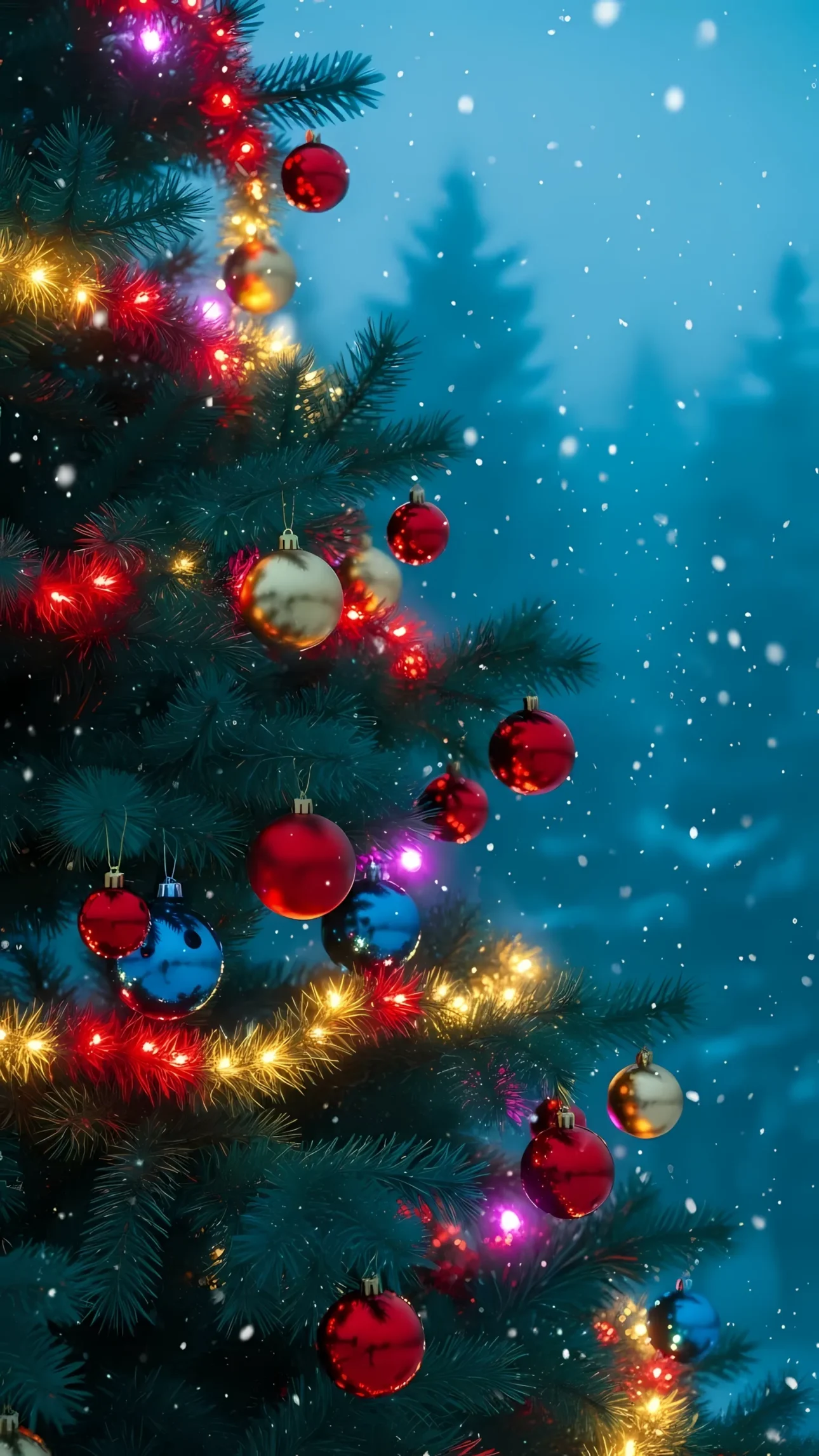 Enhance your holiday designs with this festive Christmas tree featuring vibrant ornaments and gentle snowfall. Perfect for creating heartwarming seasonal content.