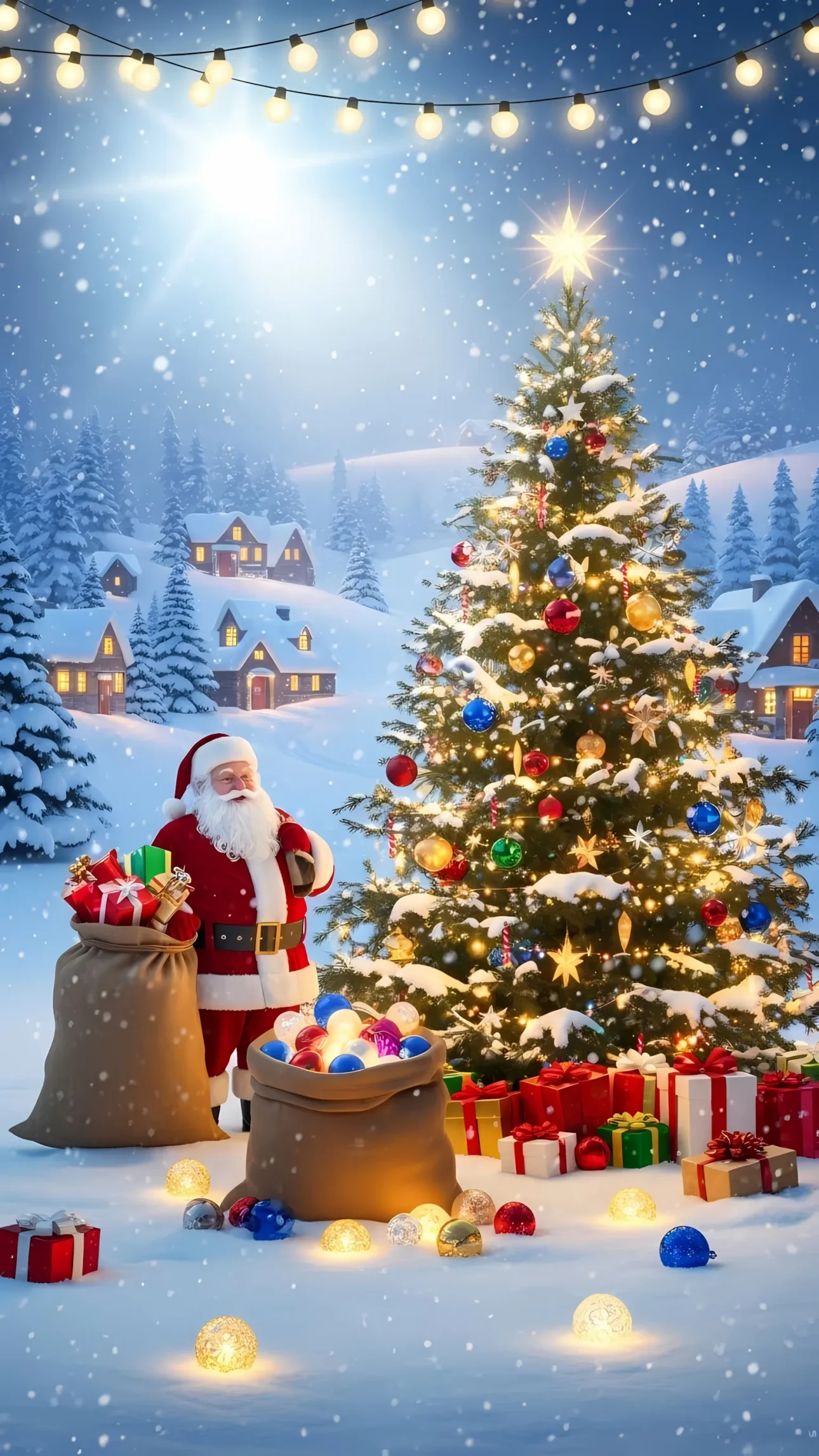 Elevate your designs with this festive Santa scene featuring a decorated tree and gift sacks, perfect for holiday campaigns and seasonal greetings.