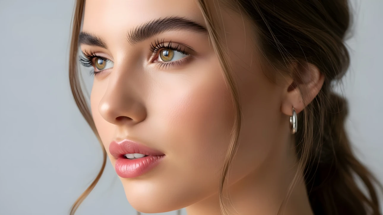 Close-up portrait of a woman with hazel eyes looking upwards in soft, natural light, showcasing radiant skin.