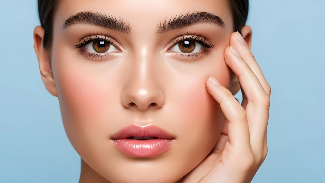 Close-up of a woman's face with natural makeup, touching her cheek in soft, diffused lighting against a blue background.