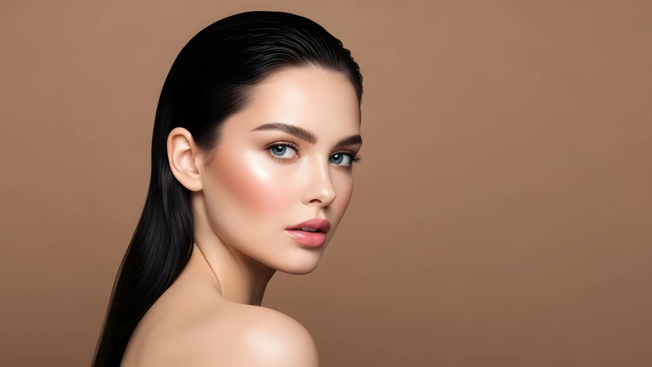 Elevate your project with this stunning portrait featuring a beautiful woman with glossy hair. Perfect for high-fashion editorials and beauty campaigns.