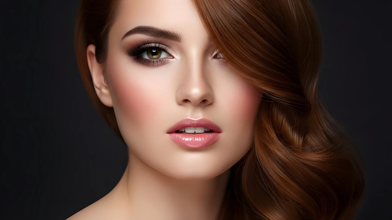 Elevate your project with a stunning portrait of a woman featuring auburn hair and professional makeup. Perfect for high-fashion editorials and beauty campaigns.