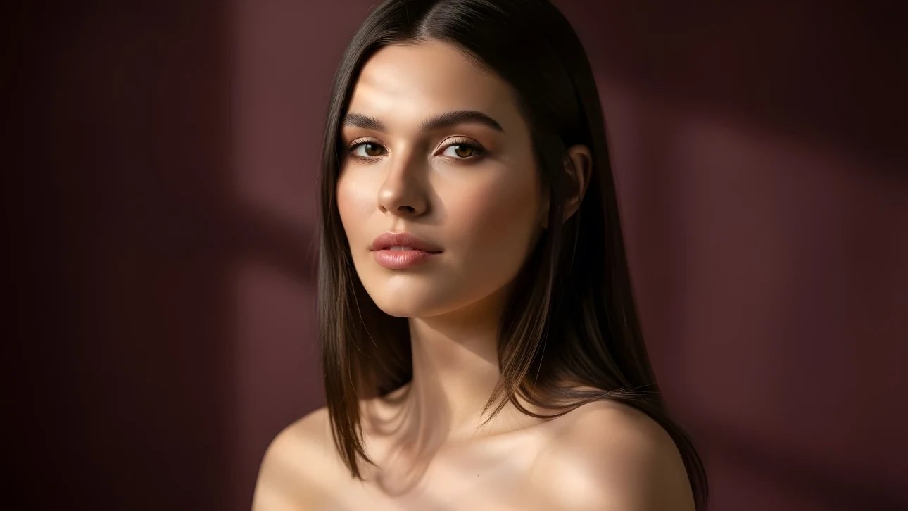 Elevate your project with this stunning portrait of a brunette woman, featuring soft lighting and a rich, dark backdrop. Perfect for high-end beauty campaigns.