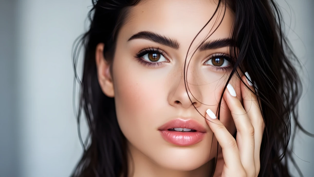 Enhance your project with this captivating portrait of a brunette woman, featuring striking hazel eyes and a modern white manicure. Perfect for high-end beauty campaigns.