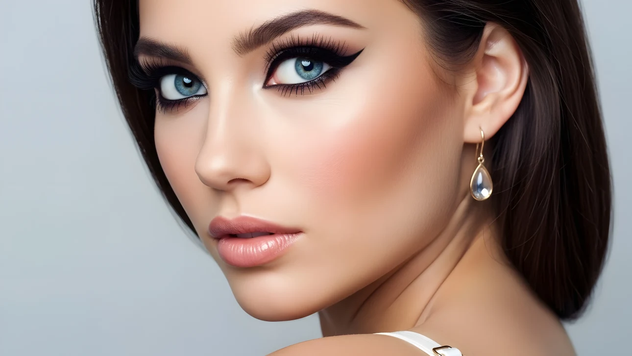 Elevate your designs with this portrait of a woman showcasing dramatic eye makeup and a delicate earring. Perfect for high-fashion beauty campaigns.