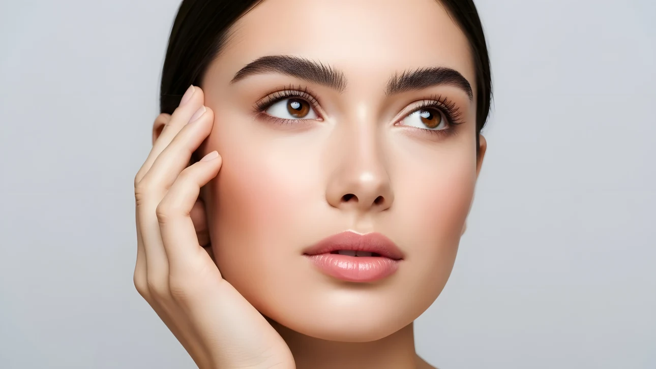 Enhance your beauty projects with this portrait of a woman showcasing perfect skin. Ideal for skincare ads and high-end cosmetic campaigns.