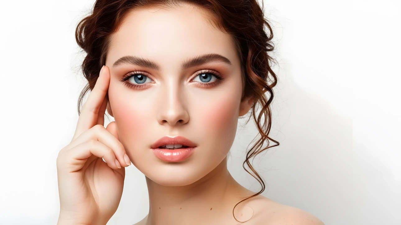 Elevate your project with this stunning portrait of a woman featuring captivating blue eyes and auburn curls. Perfect for high-fashion editorials.