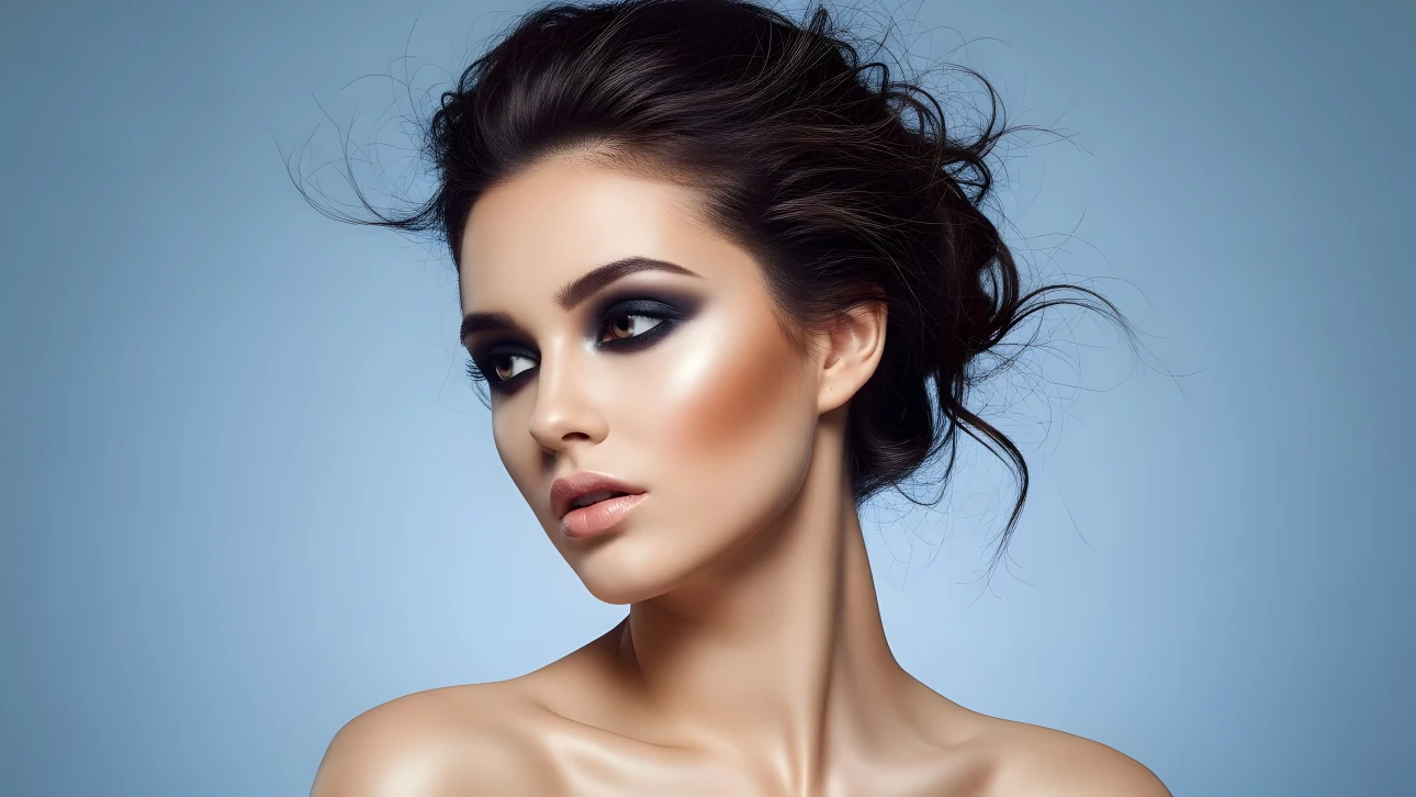 Elevate your designs with this stunning portrait of a woman featuring dramatic makeup and soft studio lighting. Perfect for high-fashion editorial projects.