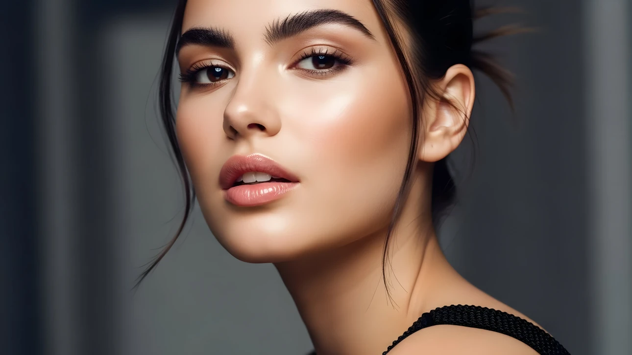 Elevate your project with this stunning portrait featuring a woman with flawless makeup and radiant skin. Perfect for high-end beauty campaigns.