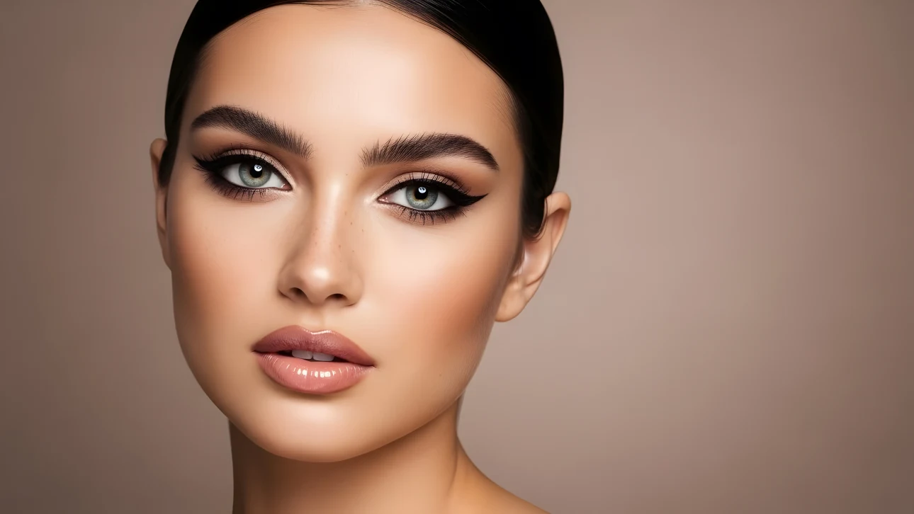 Elevate your beauty projects with this portrait of a woman featuring flawless makeup and a neutral backdrop. Perfect for high-end cosmetic campaigns.