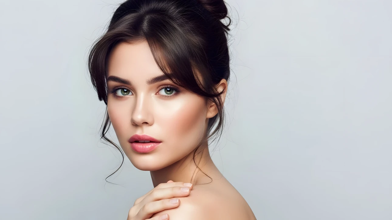 Elevate your project with this stunning portrait of a beautiful woman featuring flawless skin and a sophisticated hairstyle. Perfect for high-end beauty campaigns.