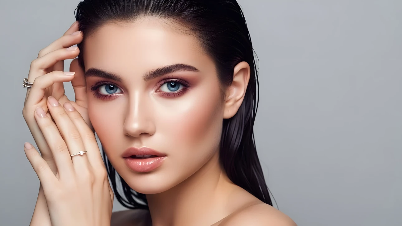 Elevate your project with a stunning portrait of a woman featuring flawless makeup and radiant skin. Perfect for high-fashion editorials and beauty campaigns.