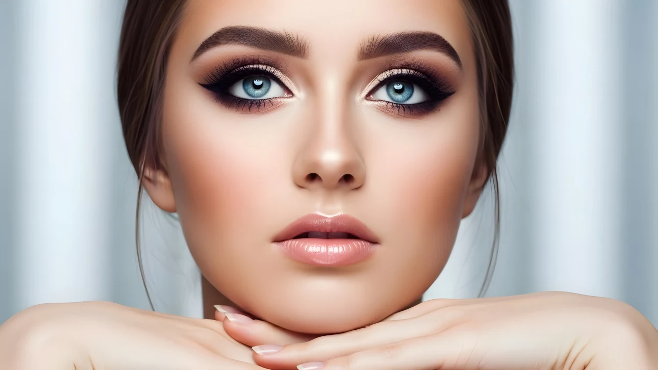 Elevate your beauty projects with this stunning woman. Showcases flawless makeup and captivating blue eyes. Perfect for high-fashion editorials.