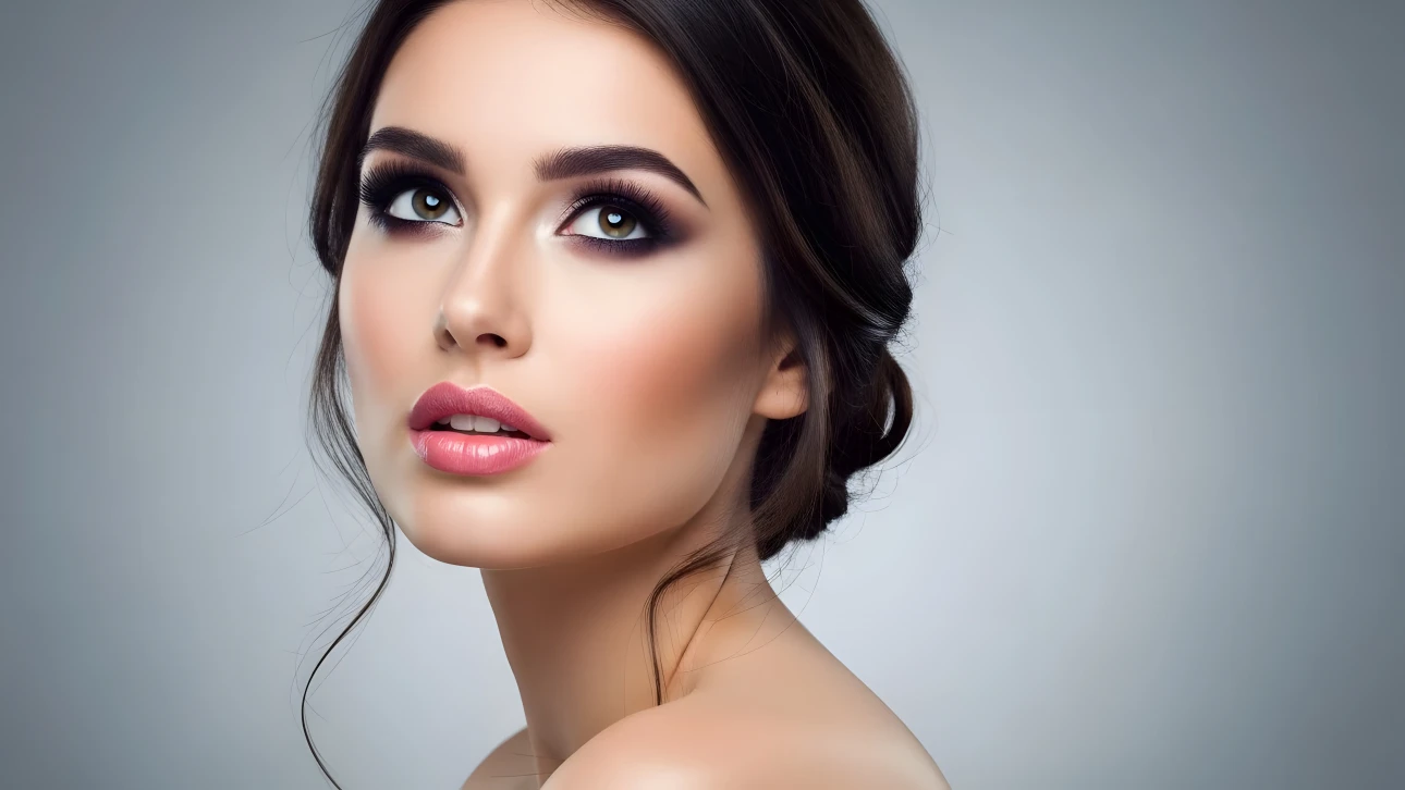 Elevate your project with this stunning portrait of a woman featuring dramatic makeup and elegant hair. Perfect for high-fashion editorials and beauty campaigns.