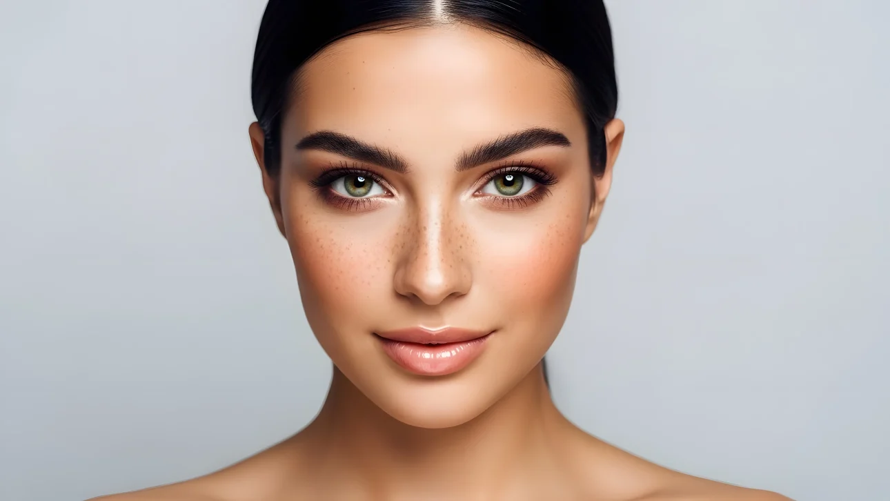 Enhance your project with this beautiful woman's portrait, featuring delicate freckles and captivating green eyes. Perfect for high-end beauty and skincare campaigns.