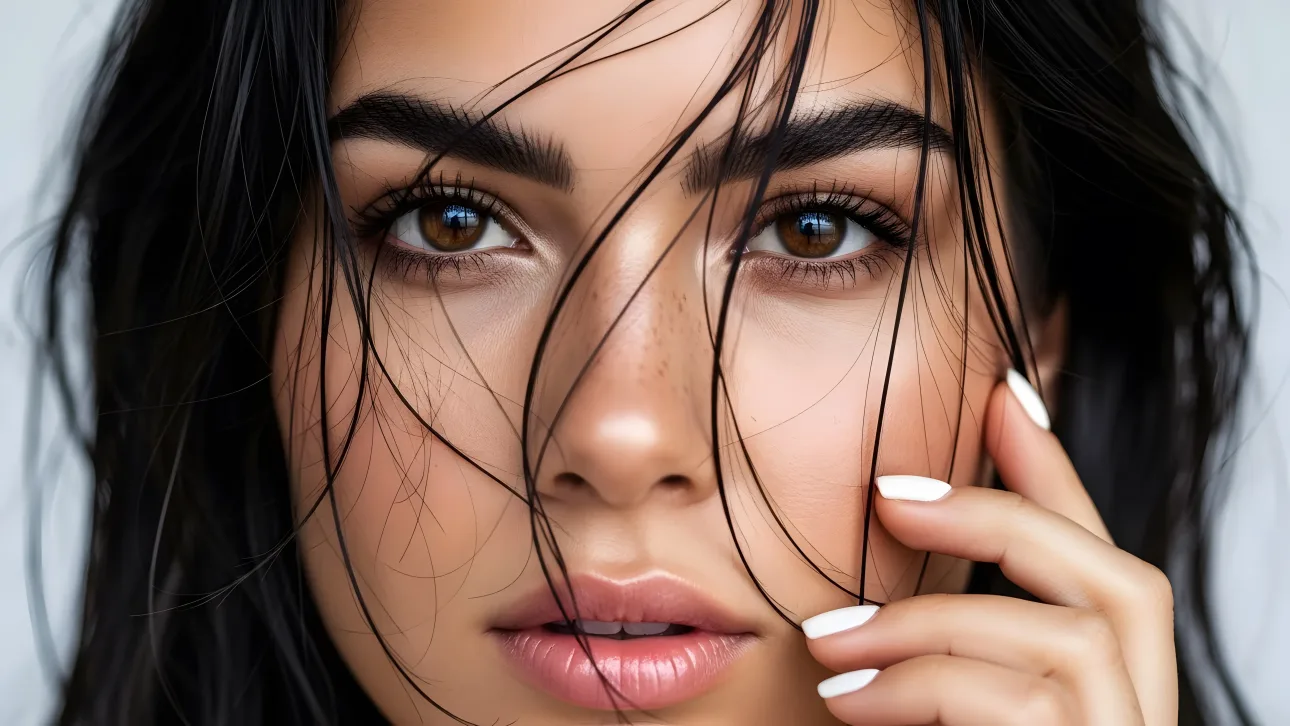 Elevate your designs with this striking image of a woman's face, showcasing captivating brown eyes and a modern white manicure. Perfect for high-end beauty campaigns.