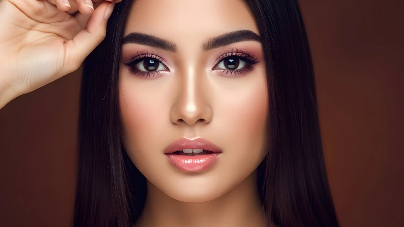 Enhance your designs with this stunning close-up of a woman featuring flawless makeup and glossy lips. Perfect for high-end beauty and cosmetic campaigns.