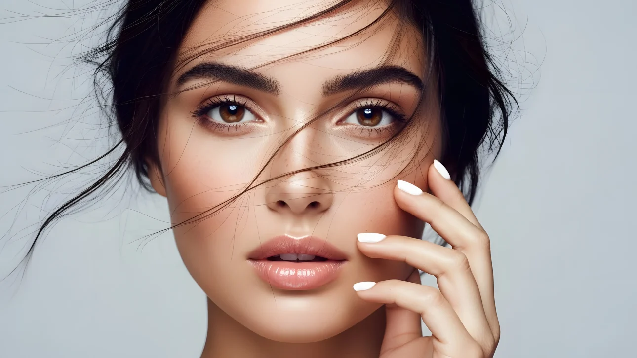 Elevate your project with this captivating portrait featuring a woman's radiant complexion and flawless manicure. Perfect for high-end beauty and skincare campaigns.