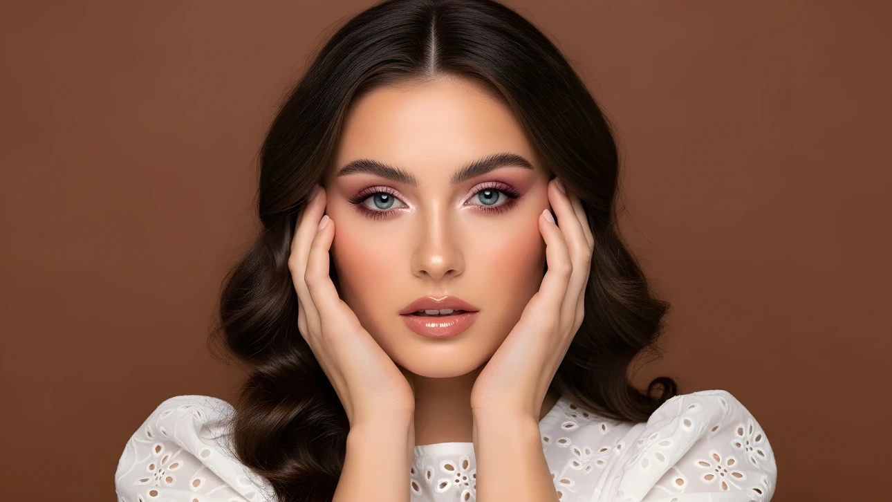 Elevate your designs with this portrait of a beautiful woman, showcasing flawless makeup and radiant skin. Perfect for high-end beauty and fashion projects.