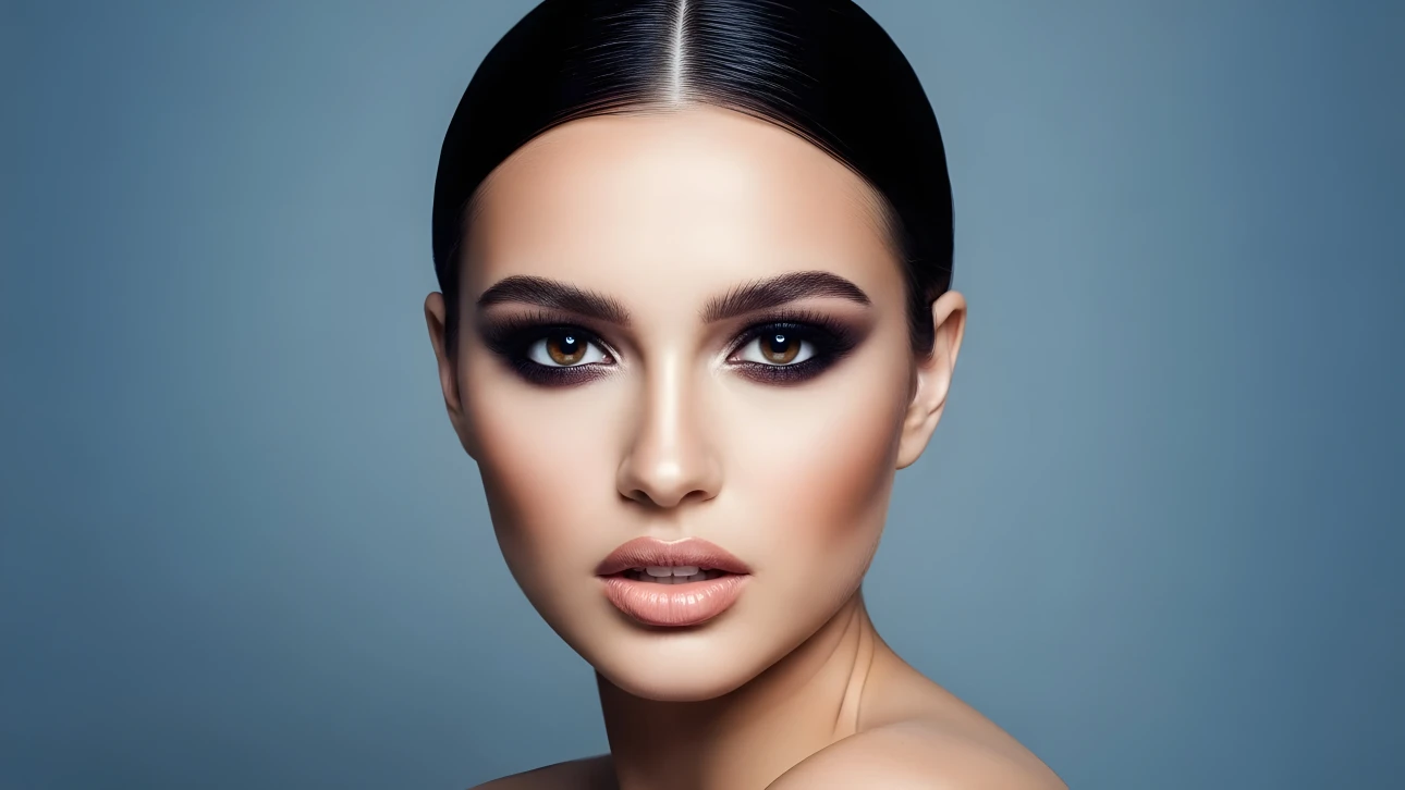 Elevate your designs with this striking portrait featuring flawless makeup and a modern aesthetic. Perfect for high-fashion editorials and beauty campaigns.