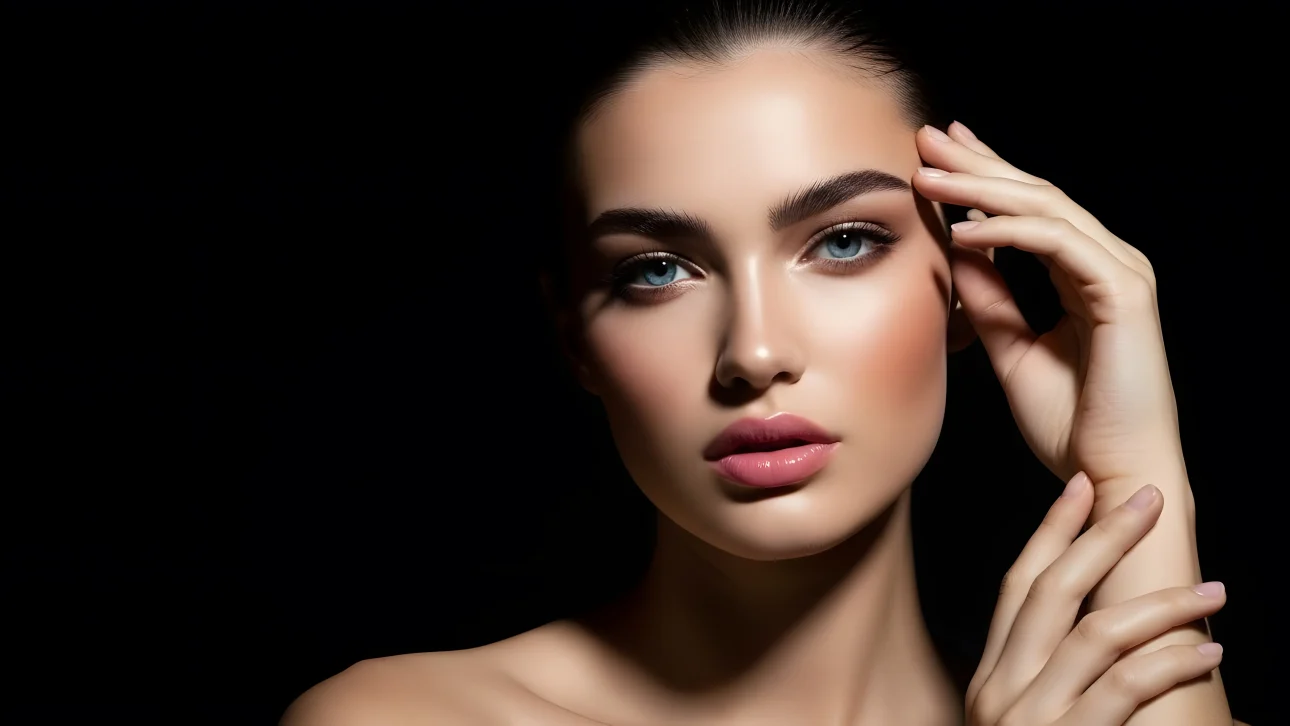 Enhance your project with this stunning image of a woman with flawless skin and captivating eyes, perfect for beauty and skincare campaigns. Ready for commercial use.