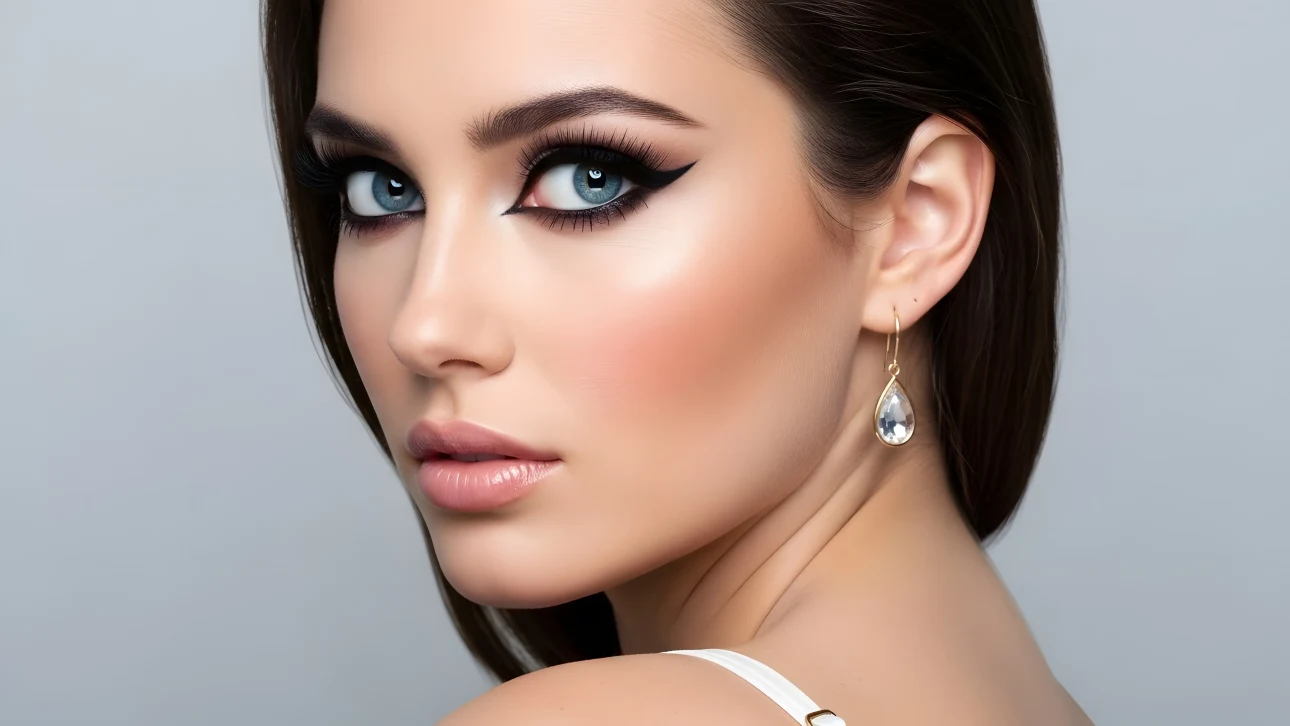 Elevate your designs with this striking portrait featuring a woman with bold eyeliner and a delicate crystal earring. Perfect for luxury beauty campaigns.