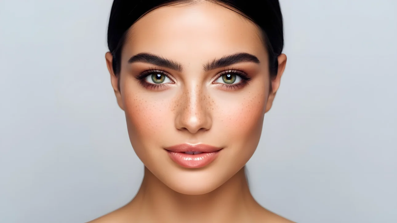 Elevate your project with this stunning portrait featuring a woman with freckles and captivating green eyes. Perfect for high-end beauty and skincare campaigns.