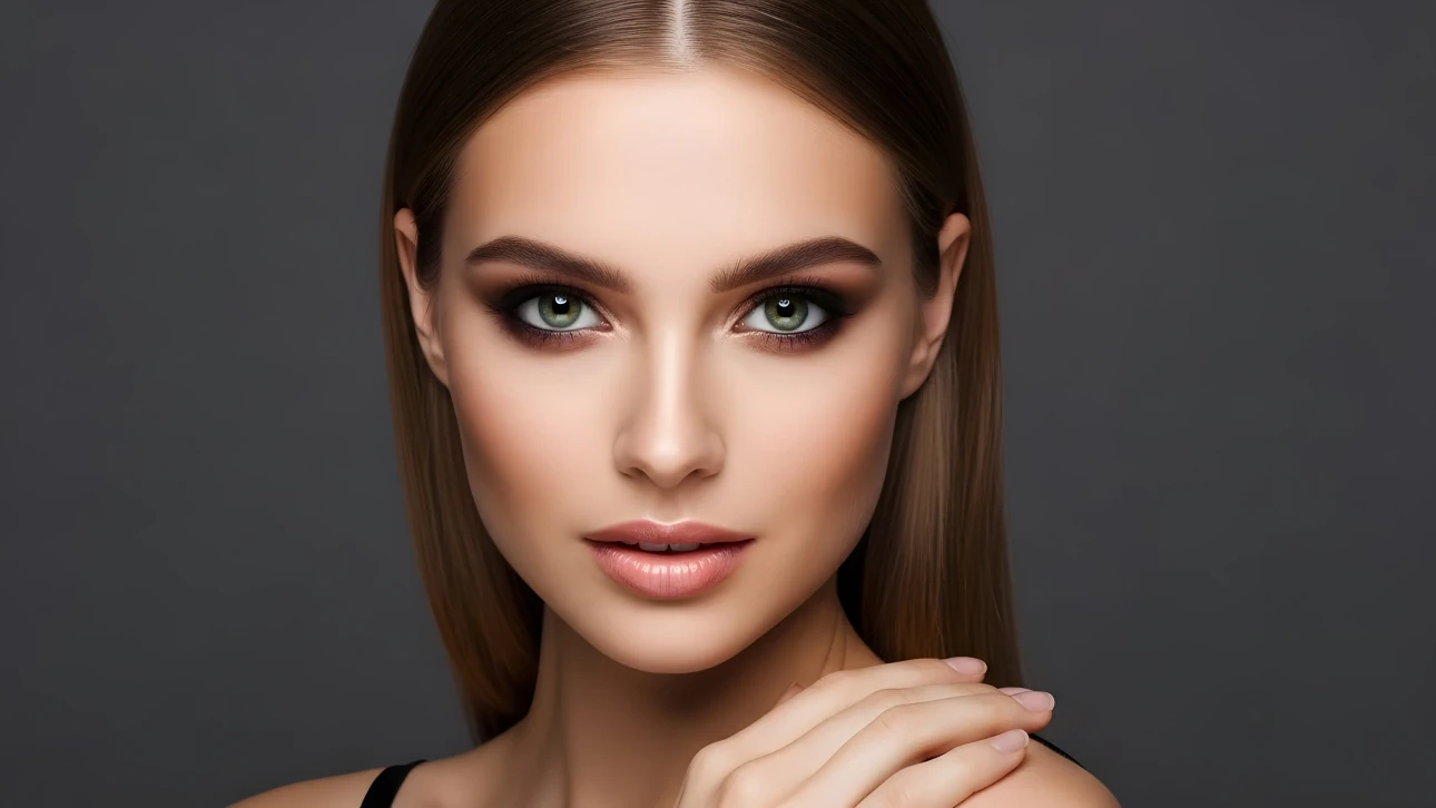 Elevate your designs with this stunning portrait of a woman featuring flawless makeup. Perfect for beauty campaigns and high-fashion editorials.